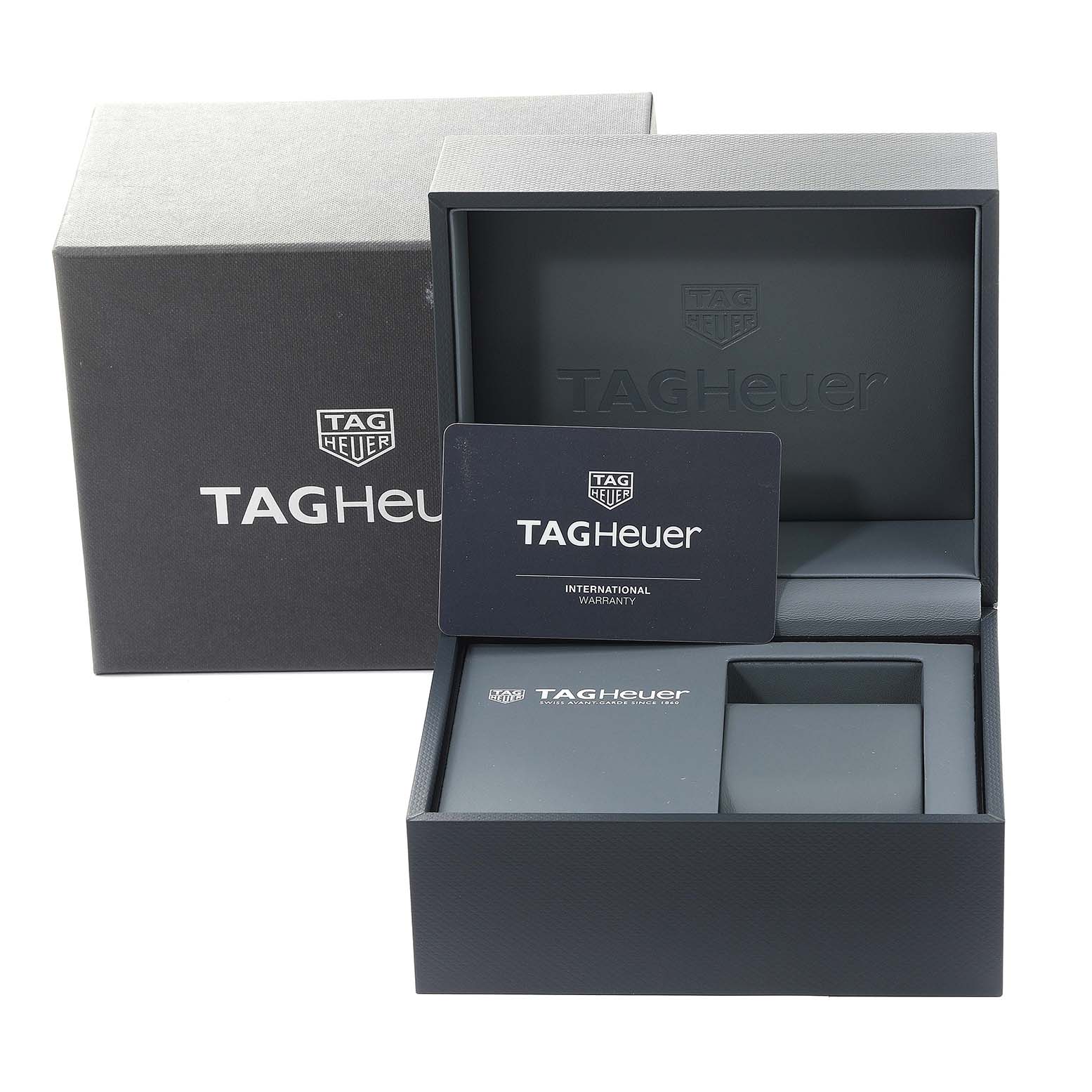 This image shows the packaging and warranty card for the Tag Heuer Carrera CBN2012.FC6483 Men's Stainless Steel Grey Dial CBN2012.FC6483 Men's Stainless Steel Grey Dial model watch.