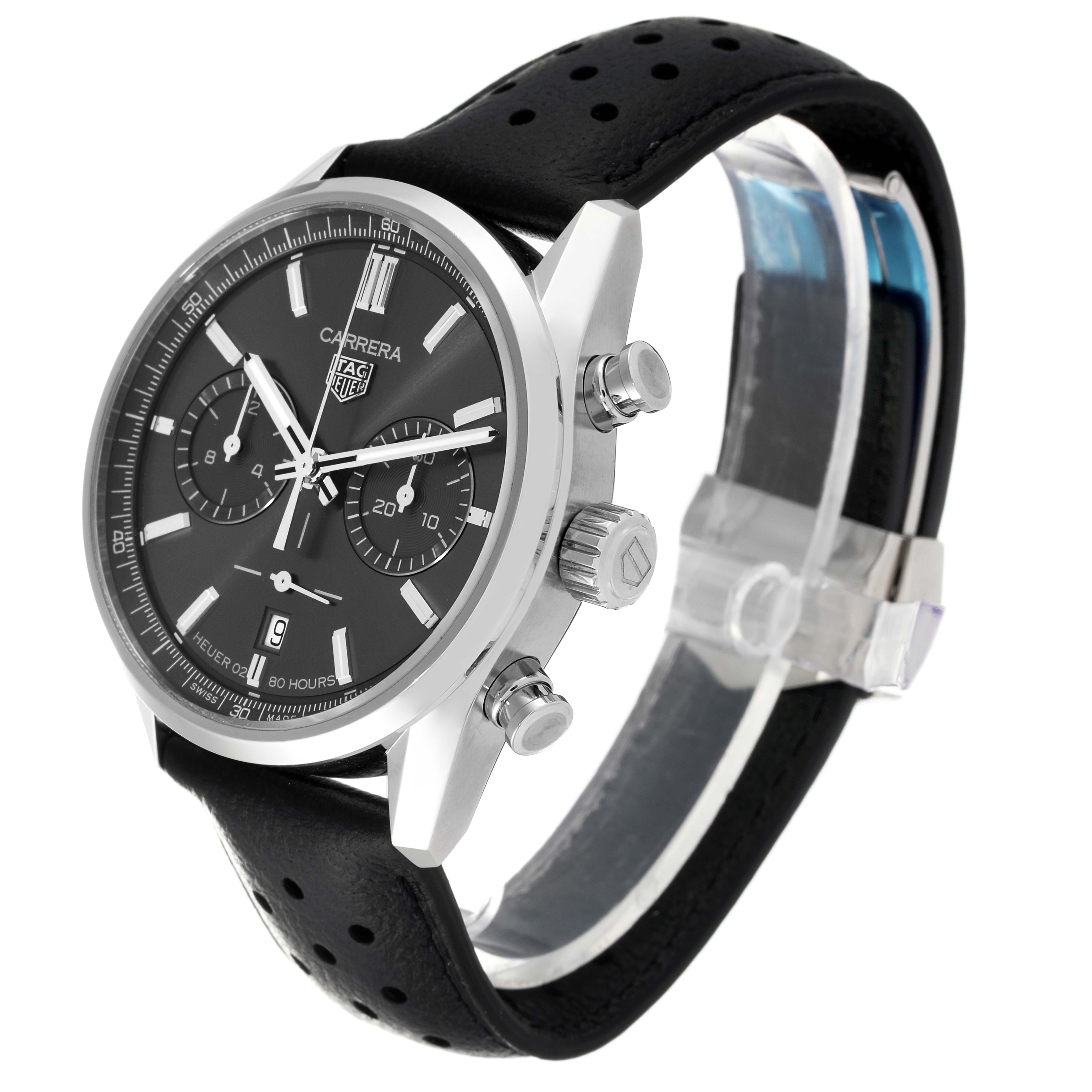 This image shows a side angle view of the Tag Heuer Carrera CBN2012.FC6483 Men's Stainless Steel Grey Dial CBN2012.FC6483 Men's Stainless Steel Grey Dial watch, highlighting its bezel, crown, chronograph pushers, and strap.