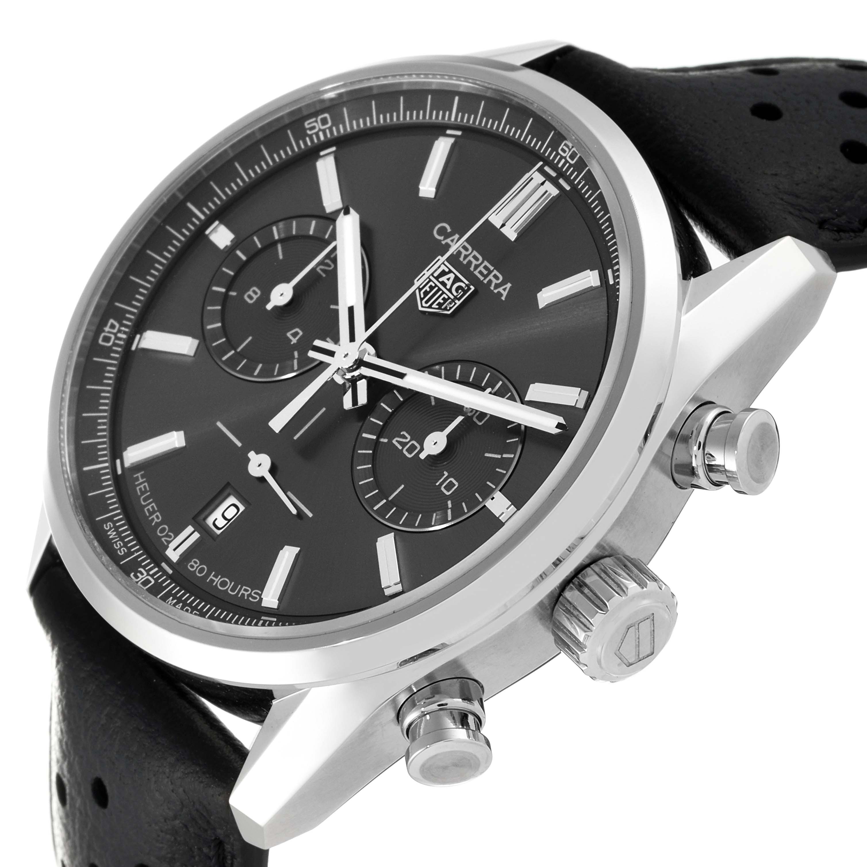 This image shows a close-up angled view of the Tag Heuer Carrera CBN2012.FC6483 Men's Stainless Steel Grey Dial CBN2012.FC6483 Men's Stainless Steel Grey Dial watch, highlighting the dial, crown, and pushers.