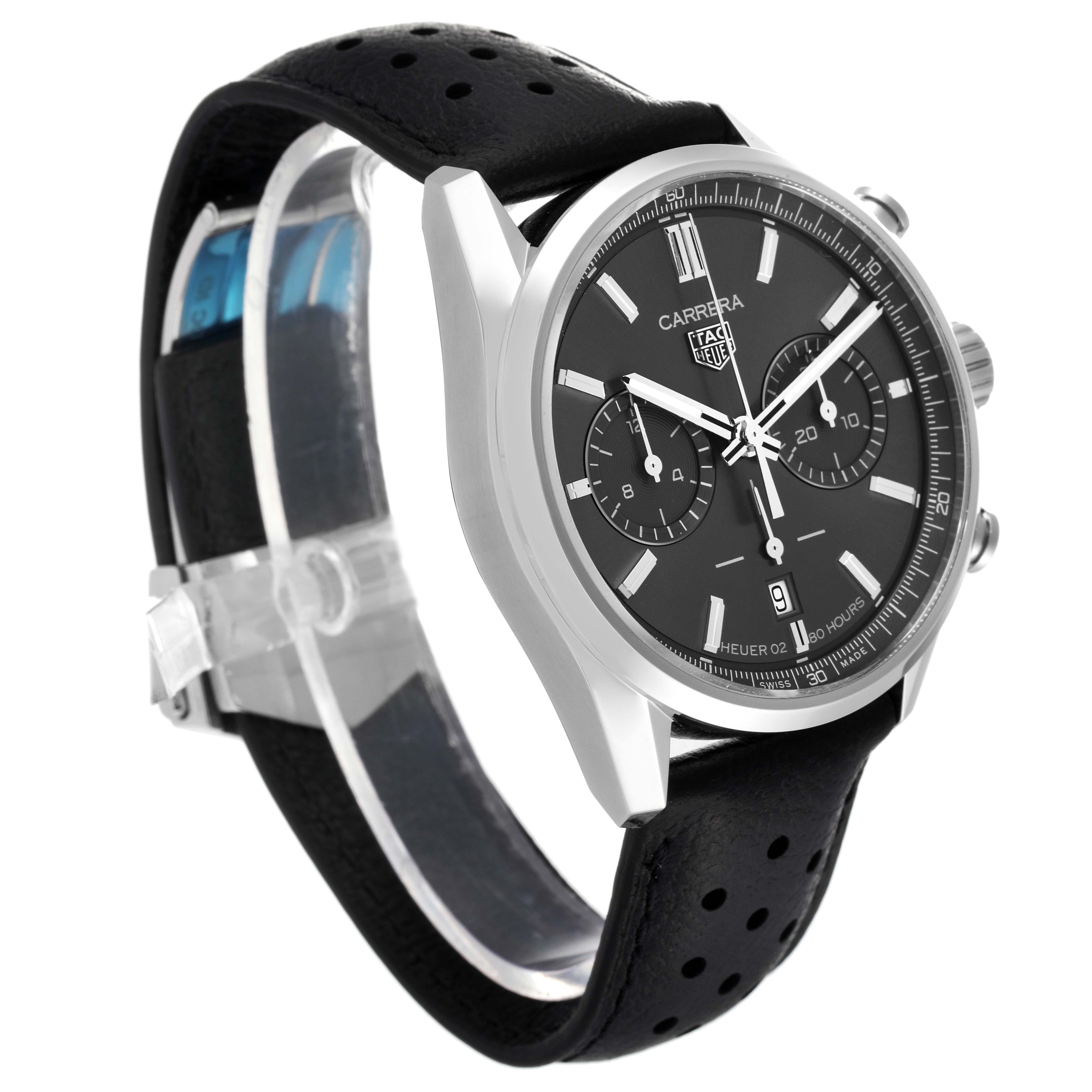 This image shows a side-angle view of the Tag Heuer Carrera CBN2012.FC6483 Men's Stainless Steel Grey Dial CBN2012.FC6483 Men's Stainless Steel Grey Dial watch, highlighting the face, bezel, and leather strap.