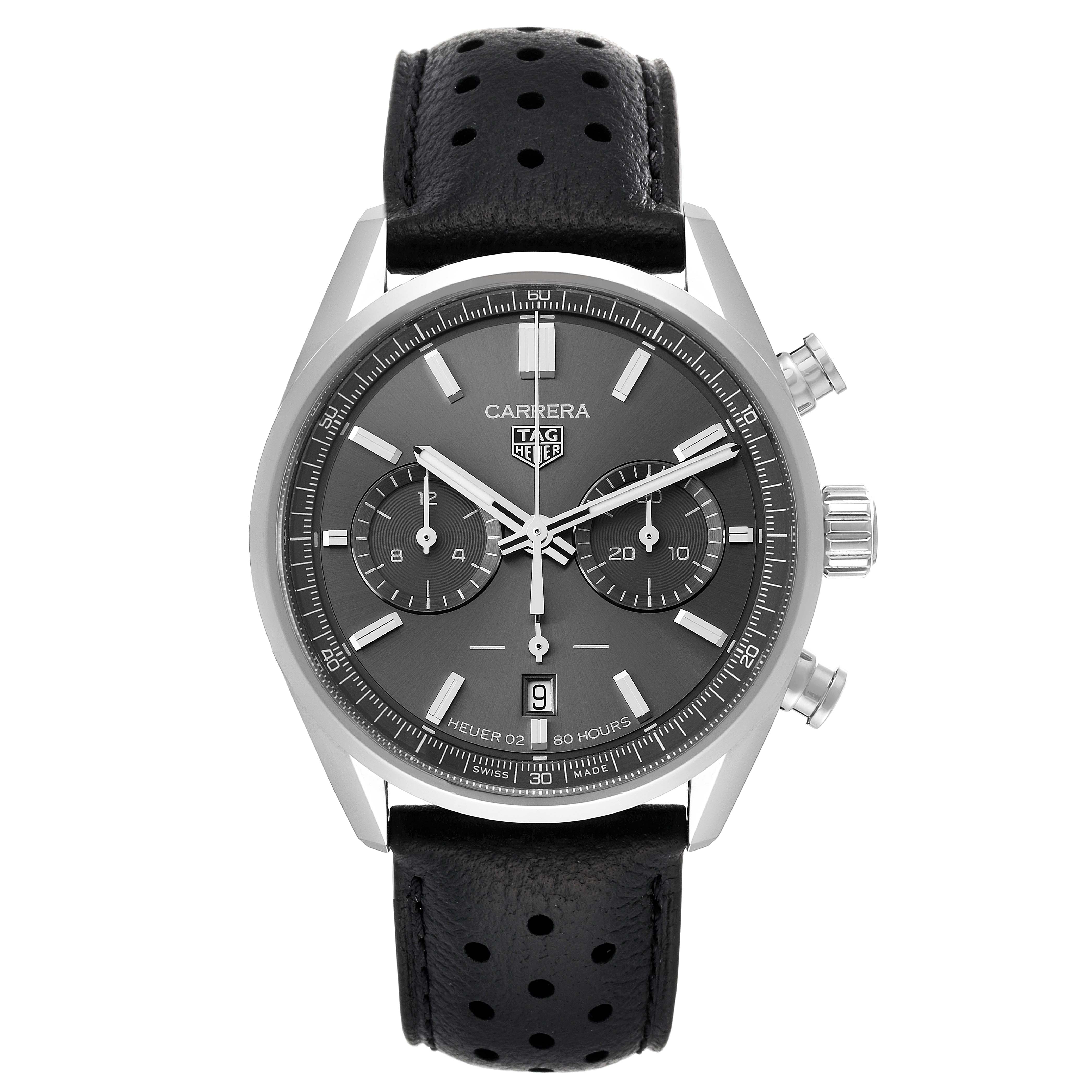 This image shows a front view of the Tag Heuer Carrera CBN2012.FC6483 Men's Stainless Steel Grey Dial CBN2012.FC6483 Men's Stainless Steel Grey Dial watch, highlighting its black dial, subdials, and perforated leather strap.