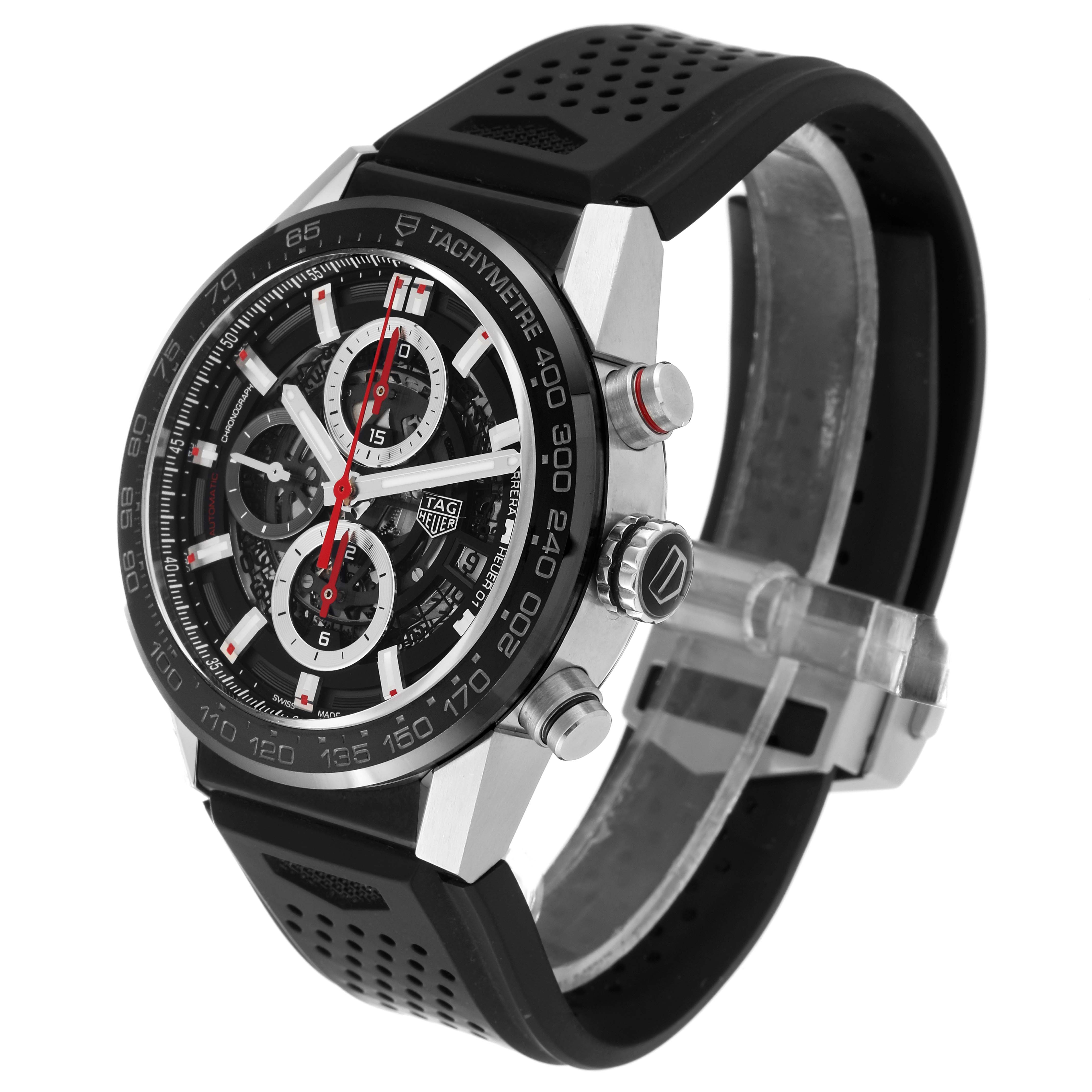 The image shows a Tag Heuer Carrera CAR201V.FT6046 Men's Stainless Steel Black Dial CAR201V.FT6046 Men's Stainless Steel Black Dial watch from an angled side view, highlighting the face, bezel, and pushers.