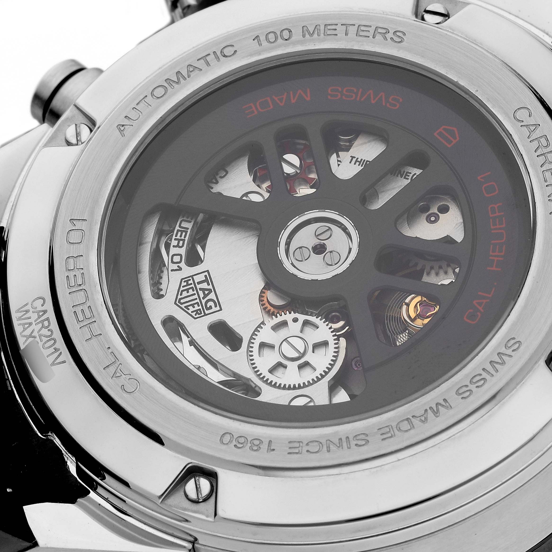 The image shows the back view of a Tag Heuer Carrera CAR201V.FT6046 Men's Stainless Steel Black Dial CAR201V.FT6046 Men's Stainless Steel Black Dial watch, highlighting its automatic movement and intricate mechanics.