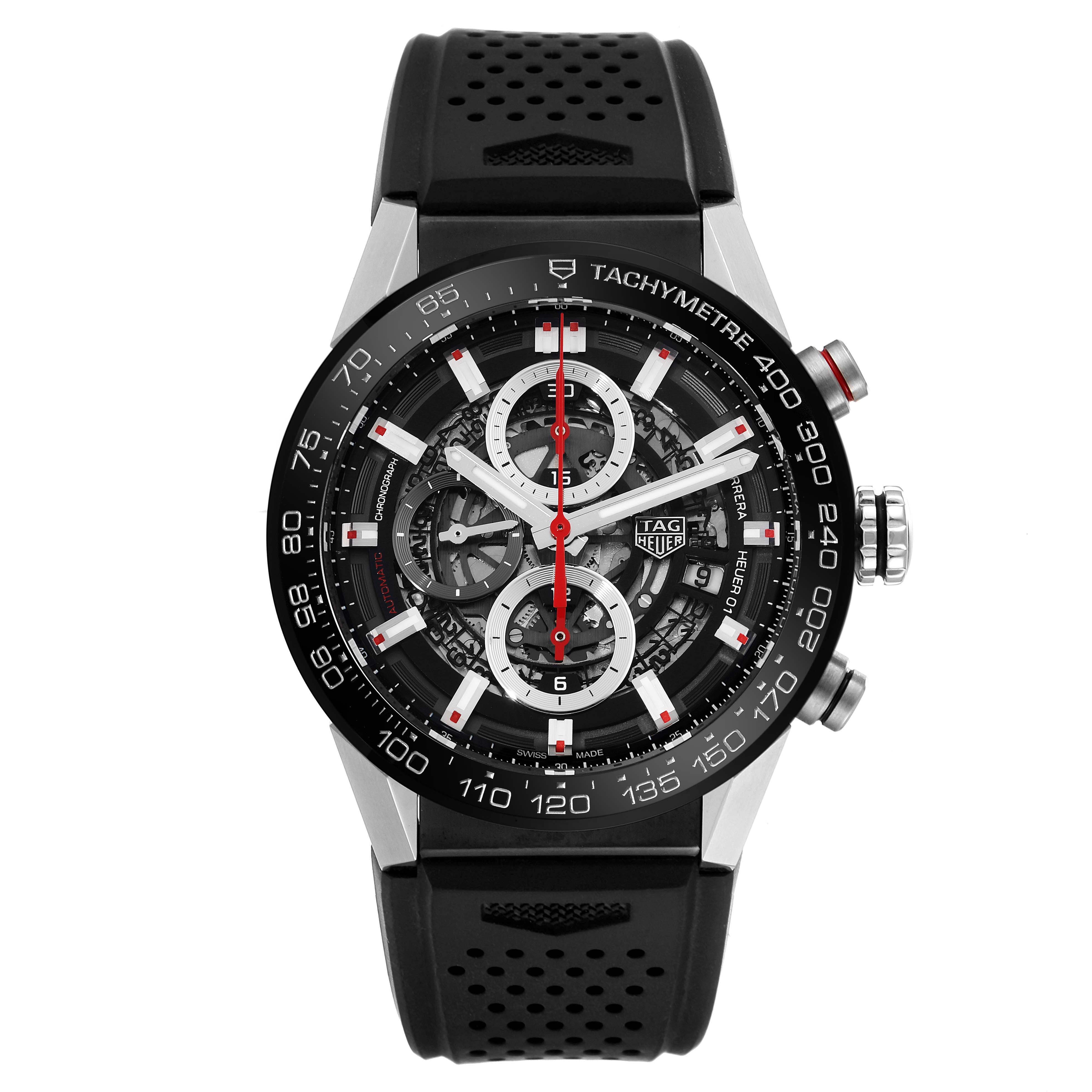 The image shows a front view of the Tag Heuer Carrera CAR201V.FT6046 Men's Stainless Steel Black Dial CAR201V.FT6046 Men's Stainless Steel Black Dial watch, highlighting its black dial, tachymeter bezel, and perforated black strap.