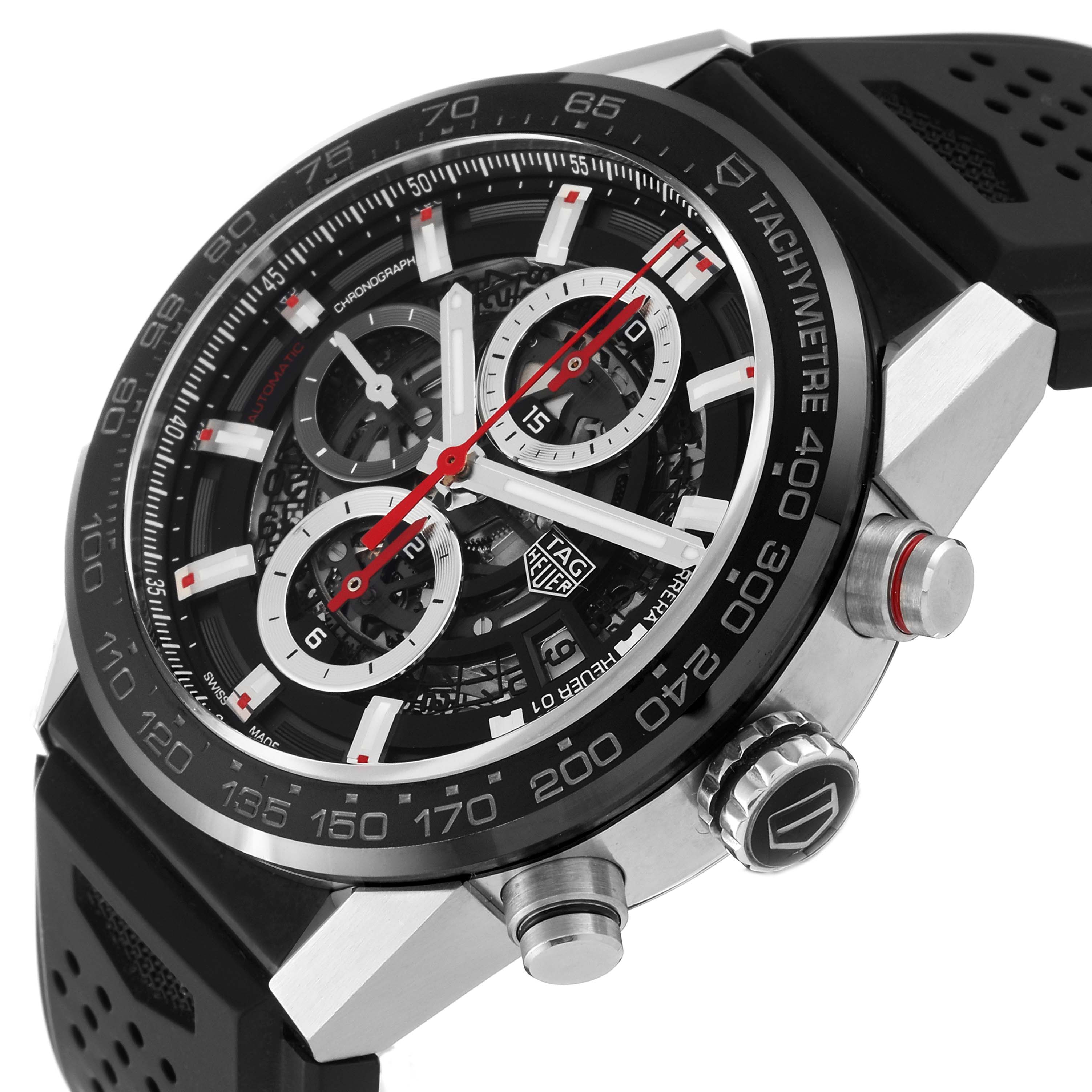 The image shows a Tag Heuer Carrera CAR201V.FT6046 Men's Stainless Steel Black Dial CAR201V.FT6046 Men's Stainless Steel Black Dial watch from an angled view highlighting the face, bezel, crown, and pushers.