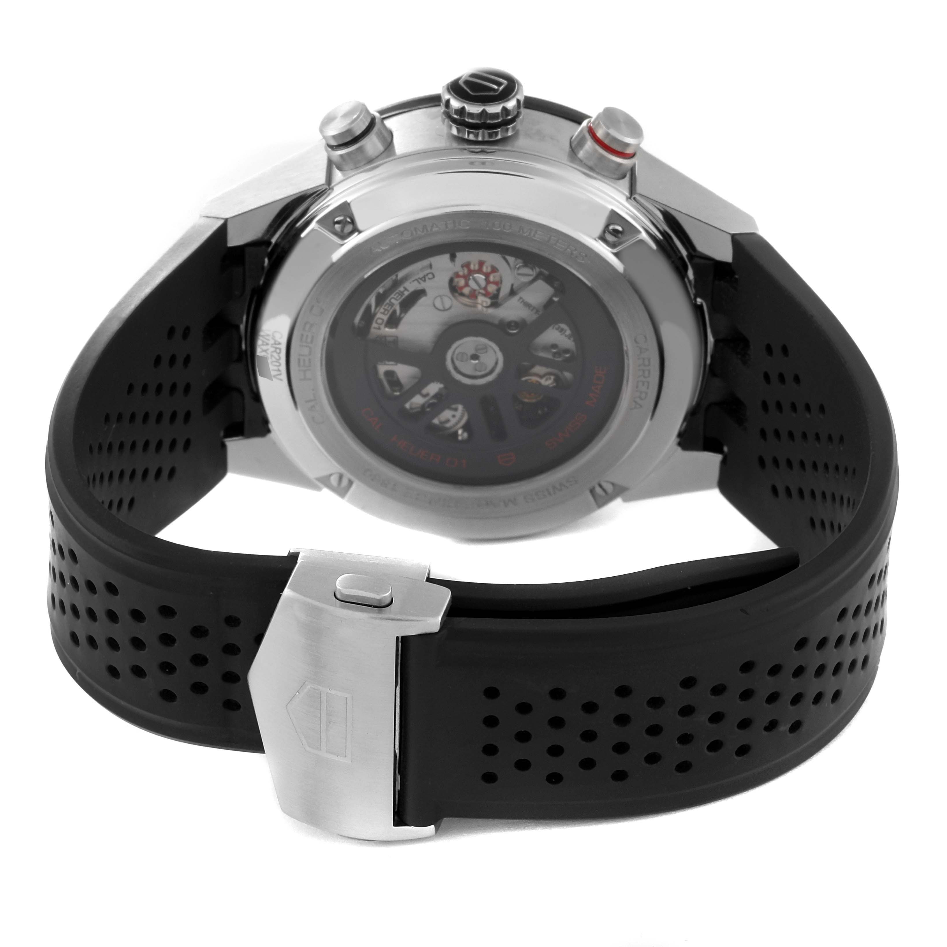 The image shows the back view of a Tag Heuer Carrera CAR201V.FT6046 Men's Stainless Steel Black Dial CAR201V.FT6046 Men's Stainless Steel Black Dial watch, highlighting the case back, crown, pushers, and rubber strap.