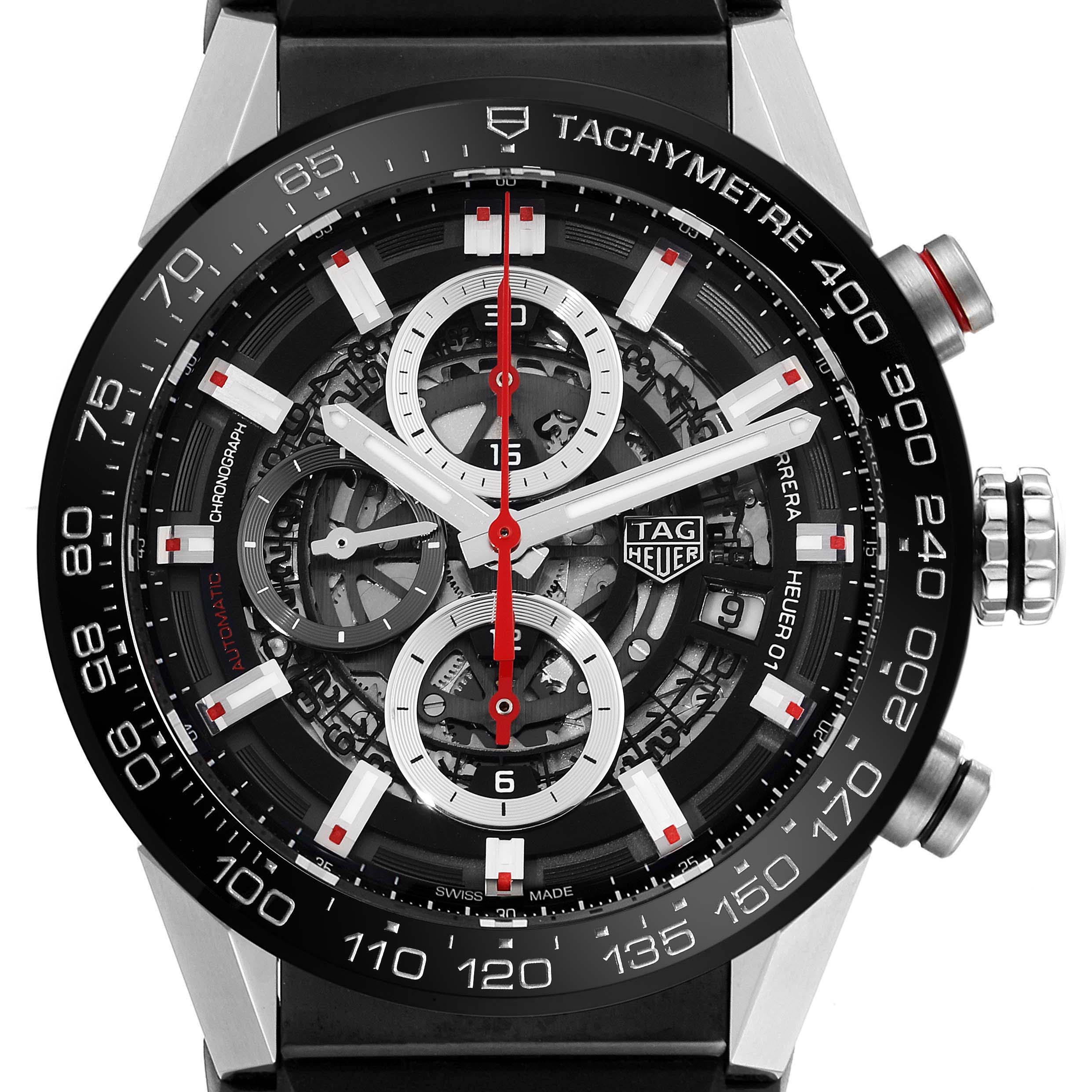 The image shows a close-up of the face and bezel of the Tag Heuer Carrera CAR201V.FT6046 Men's Stainless Steel Black Dial CAR201V.FT6046 Men's Stainless Steel Black Dial watch, highlighting its tachymeter scale, chronograph dials, and mechanical elements.