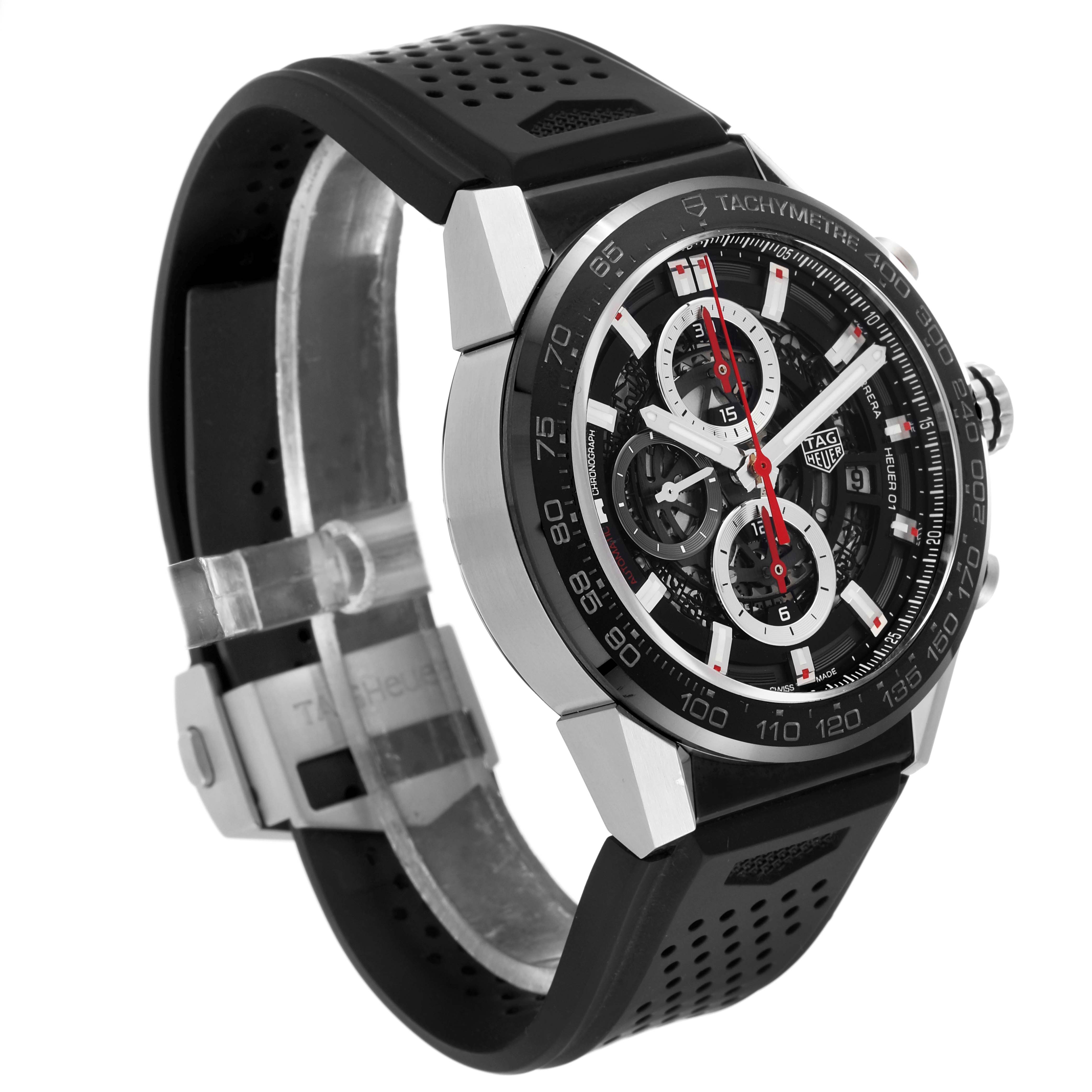 This image shows a side view of the Tag Heuer Carrera CAR201V.FT6046 Men's Stainless Steel Black Dial CAR201V.FT6046 Men's Stainless Steel Black Dial watch, highlighting the dial, bezel, strap, and chronograph features.