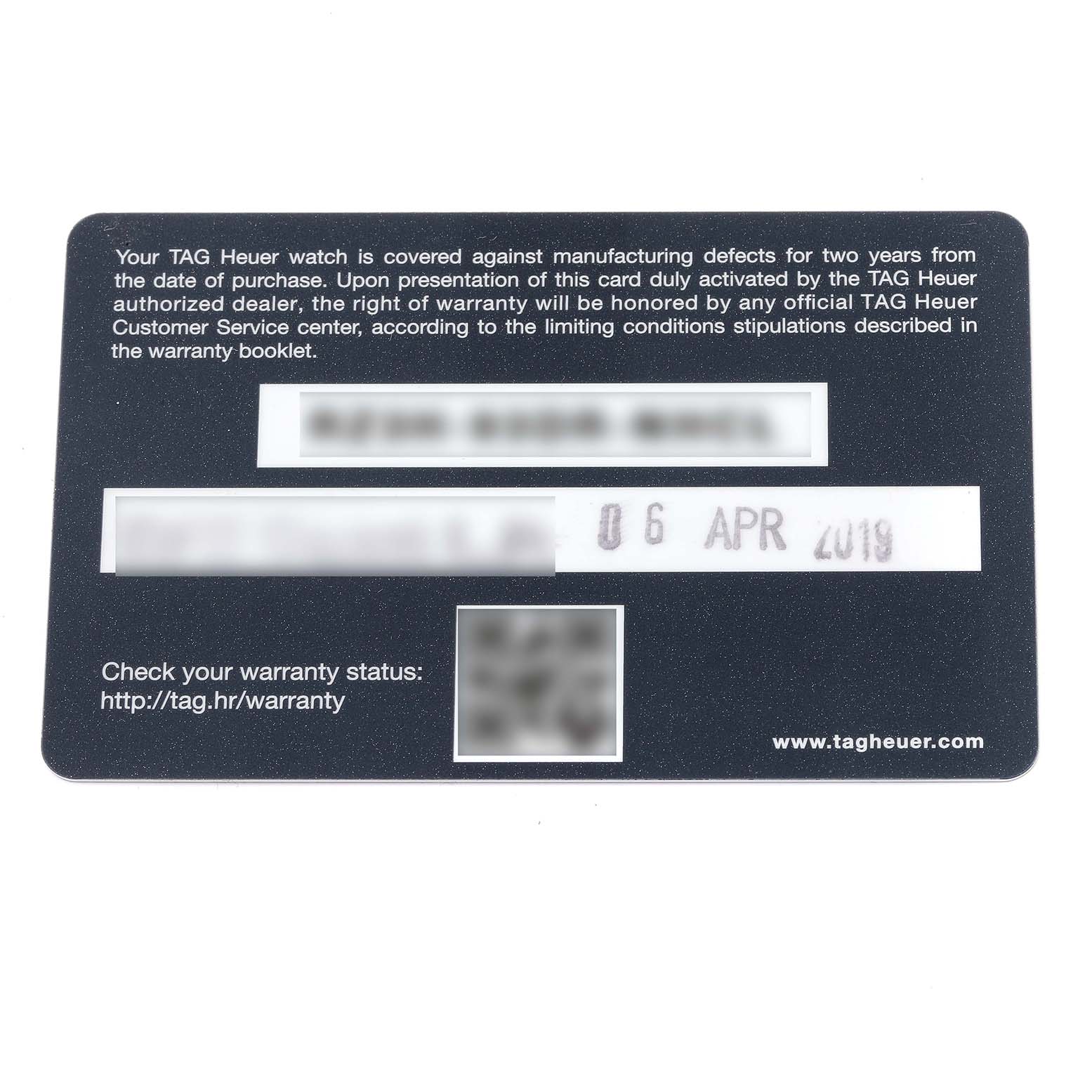 This image shows a warranty card for the Carrera model by Tag Heuer.