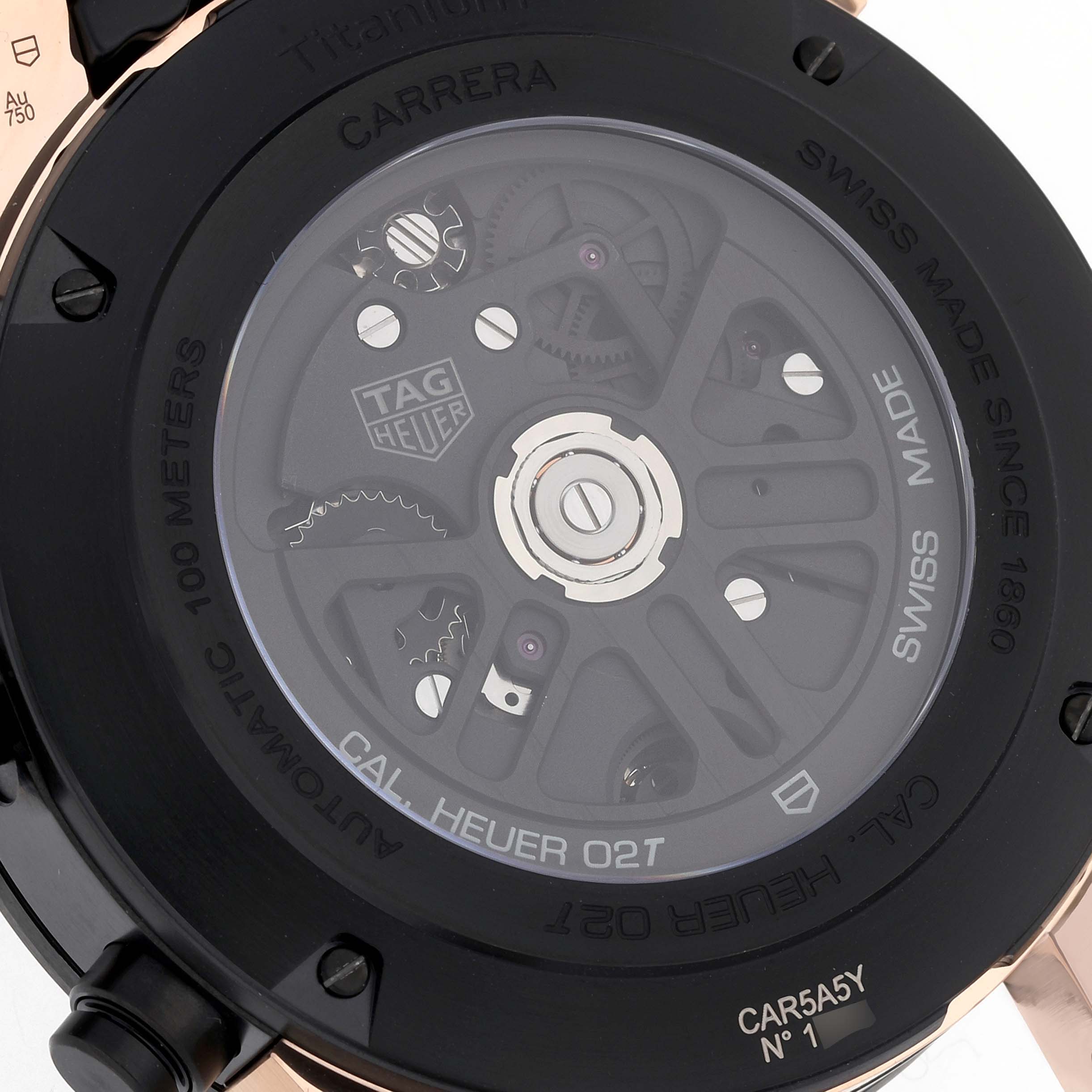 The image shows the back casing and internal mechanisms of a Tag Heuer Carrera CAR5A5Y.FC6377 Men's Titanium Black Dial CAR5A5Y.FC6377 Men's Titanium Black Dial watch.