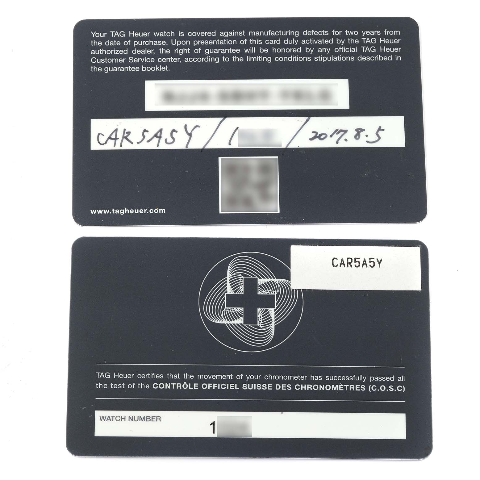 This image shows warranty and certification cards for the Tag Heuer Carrera CAR5A5Y.FC6377 Men's Titanium Black Dial CAR5A5Y.FC6377 Men's Titanium Black Dial watch model.