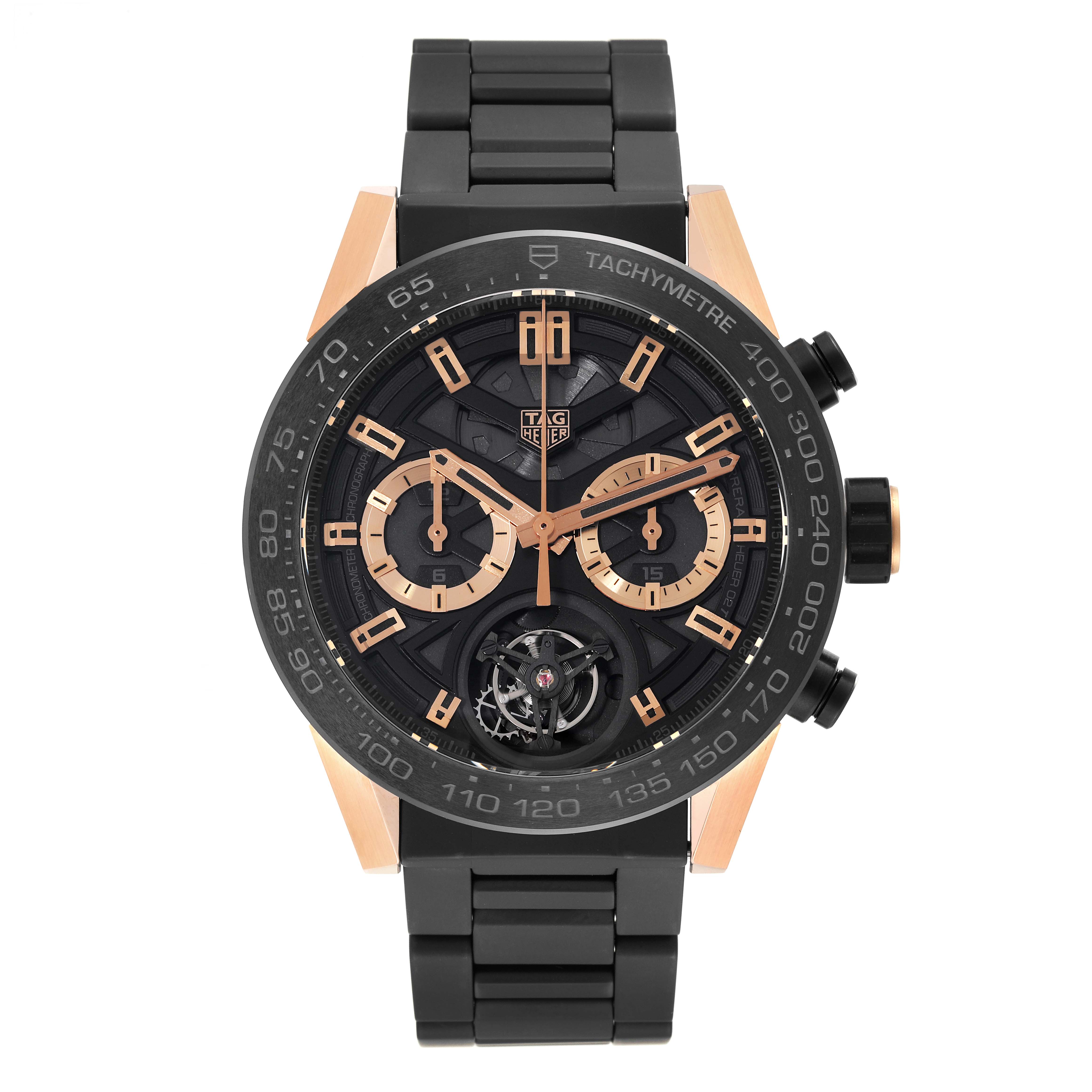 The image shows the front view of the Tag Heuer Carrera CAR5A5Y.FC6377 Men's Titanium Black Dial CAR5A5Y.FC6377 Men's Titanium Black Dial model watch, highlighting its black and rose gold components and chronograph dials.