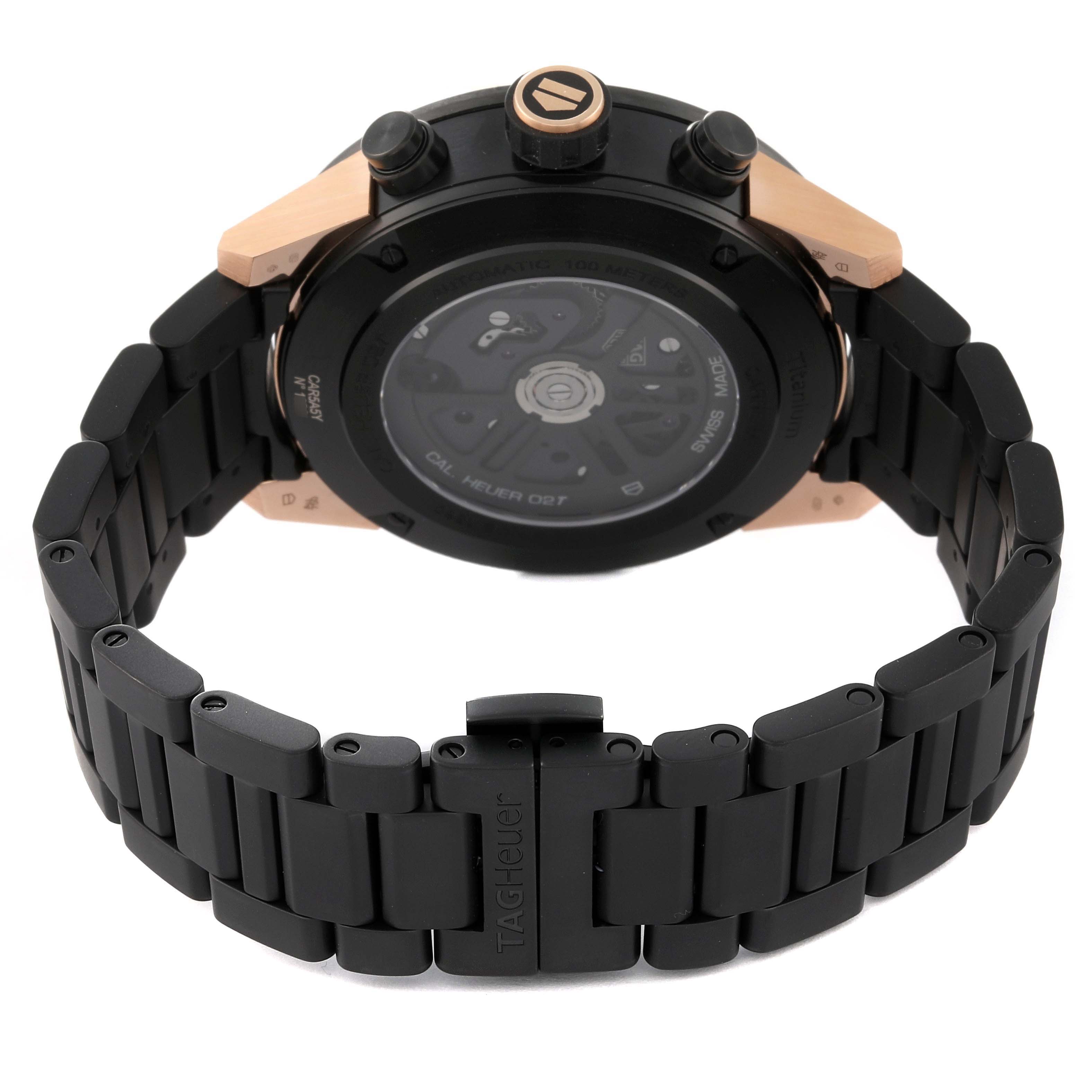 The image shows the back view and bracelet of the Tag Heuer Carrera CAR5A5Y.FC6377 Men's Titanium Black Dial CAR5A5Y.FC6377 Men's Titanium Black Dial model watch.