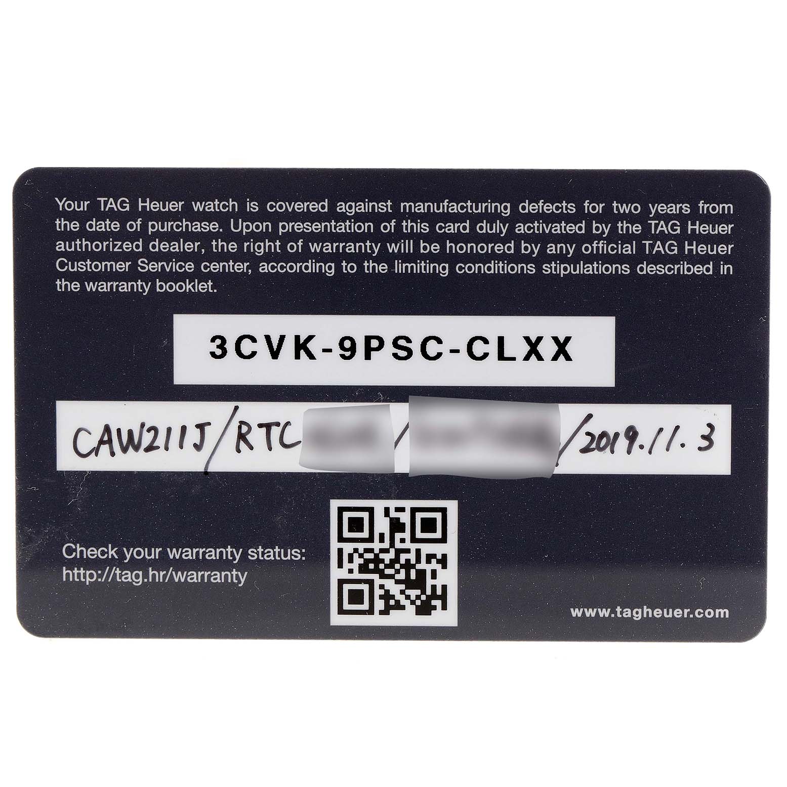 This image shows the warranty card for the Tag Heuer Monaco model, displaying the serial number and purchase date.