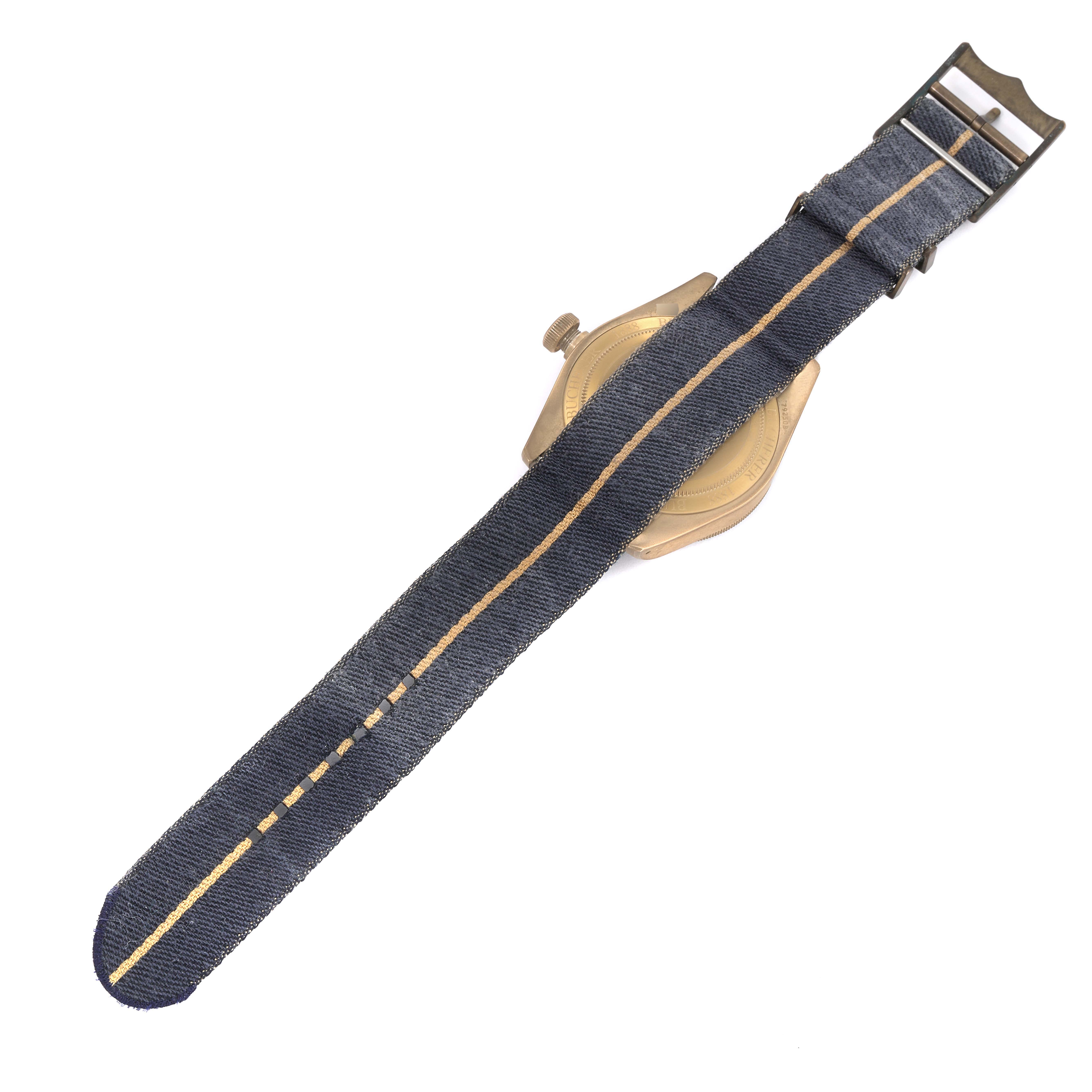 The image shows the back of a Tudor Heritage Black Bay 79250BB Men's Ceramic Blue Dial 79250BB Men's Ceramic Blue Dial watch with its strap fully extended.