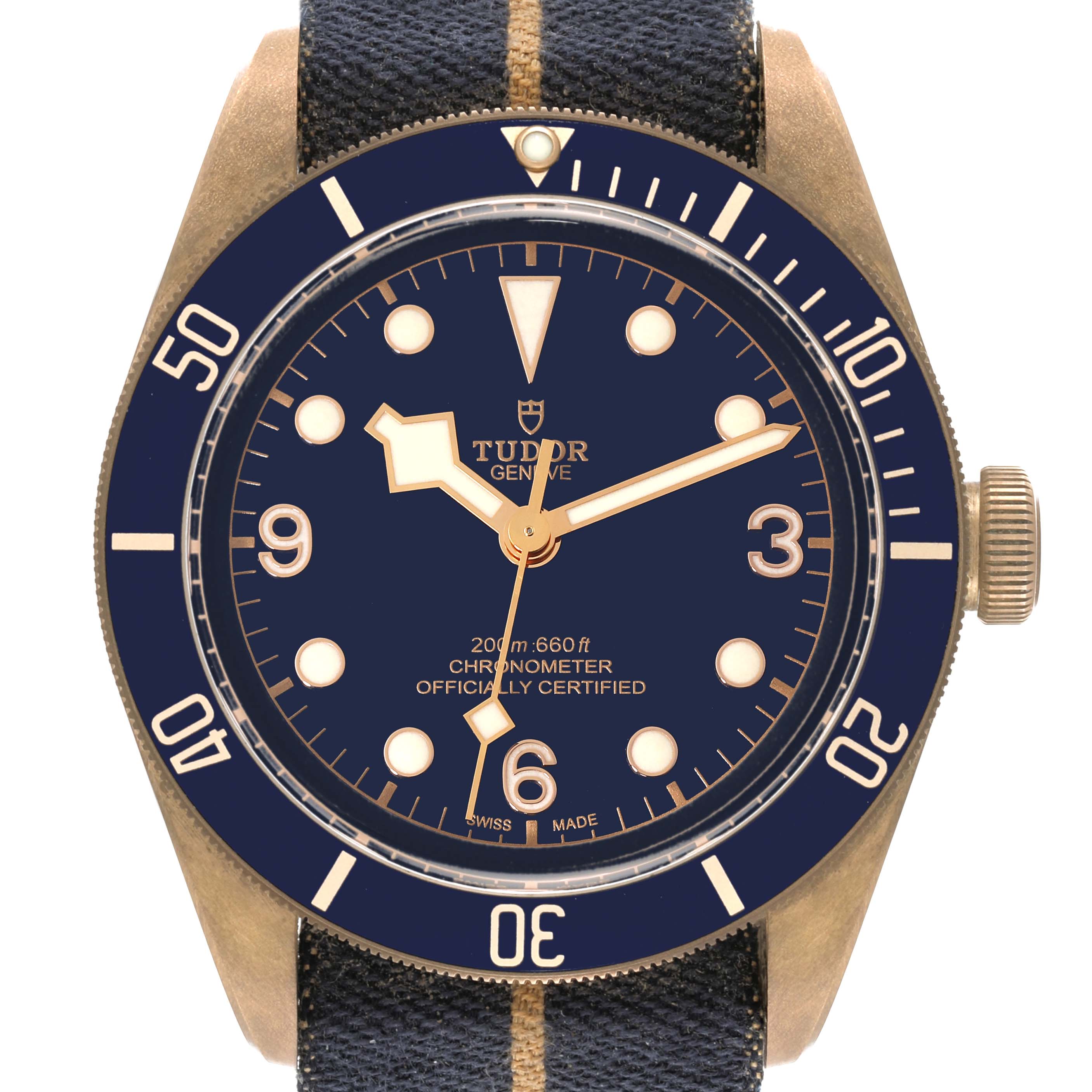 This image shows the dial and bezel of the Tudor Heritage Black Bay 79250BB Men's Ceramic Blue Dial 79250BB Men's Ceramic Blue Dial watch from a front angle.