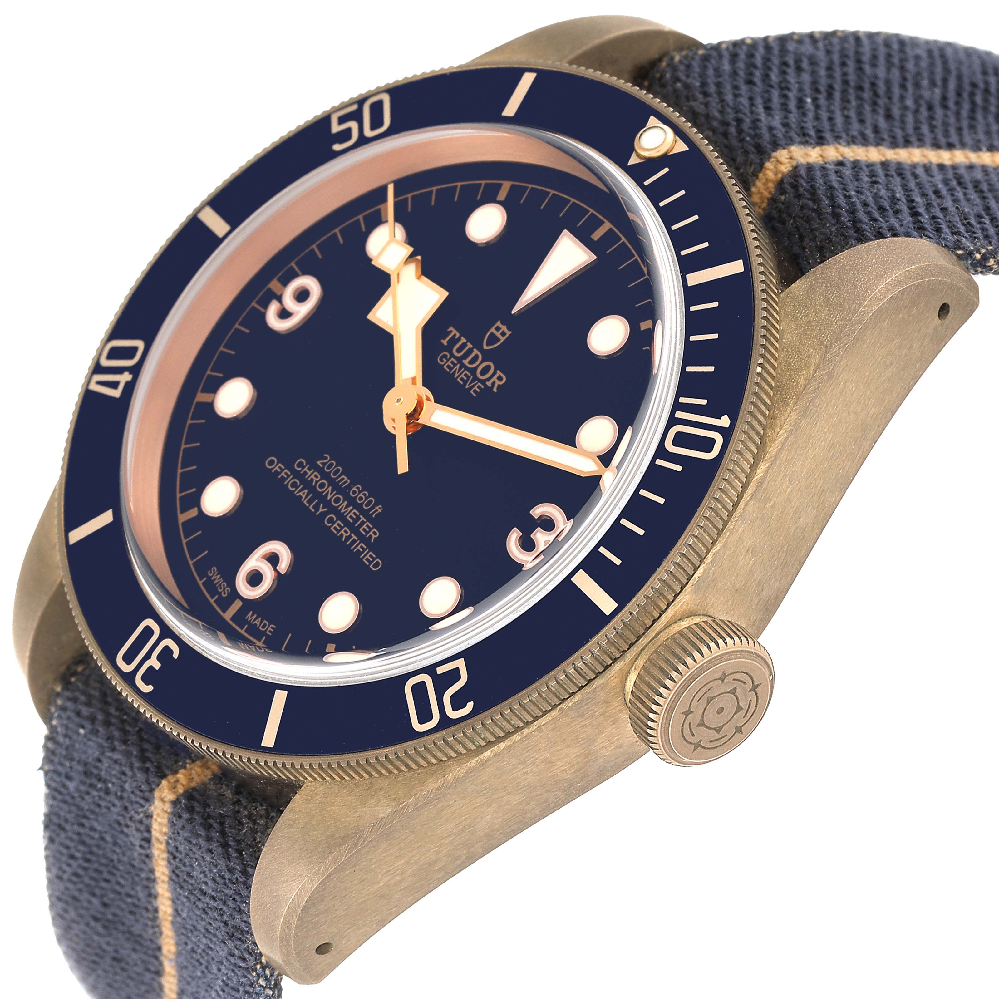 The image shows a Tudor Heritage Black Bay 79250BB Men's Ceramic Blue Dial 79250BB Men's Ceramic Blue Dial watch angled to display the dial, bezel, crown, and part of the strap.