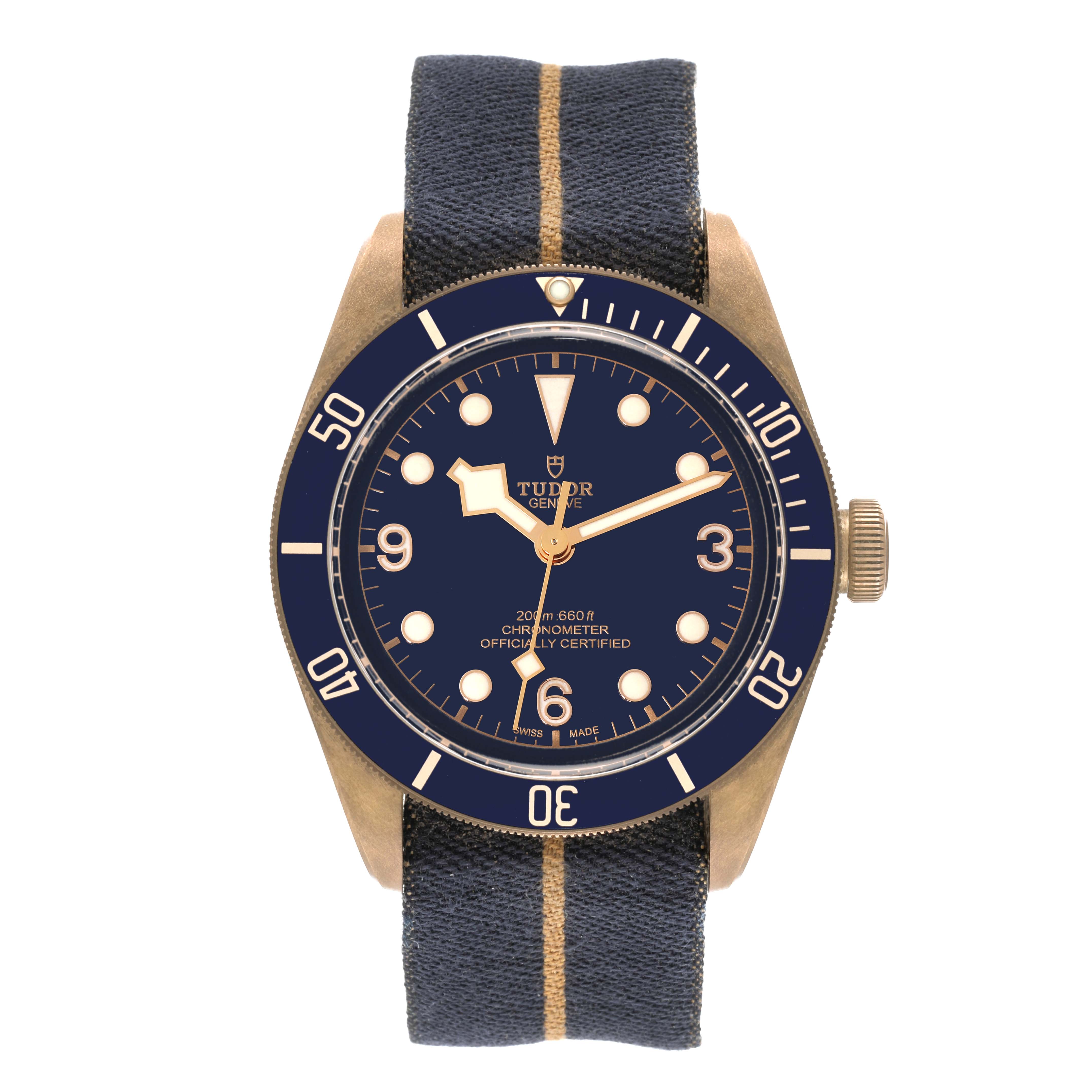 This image shows a front view of the Tudor Heritage Black Bay 79250BB Men's Ceramic Blue Dial 79250BB Men's Ceramic Blue Dial watch with a navy blue dial and fabric strap.