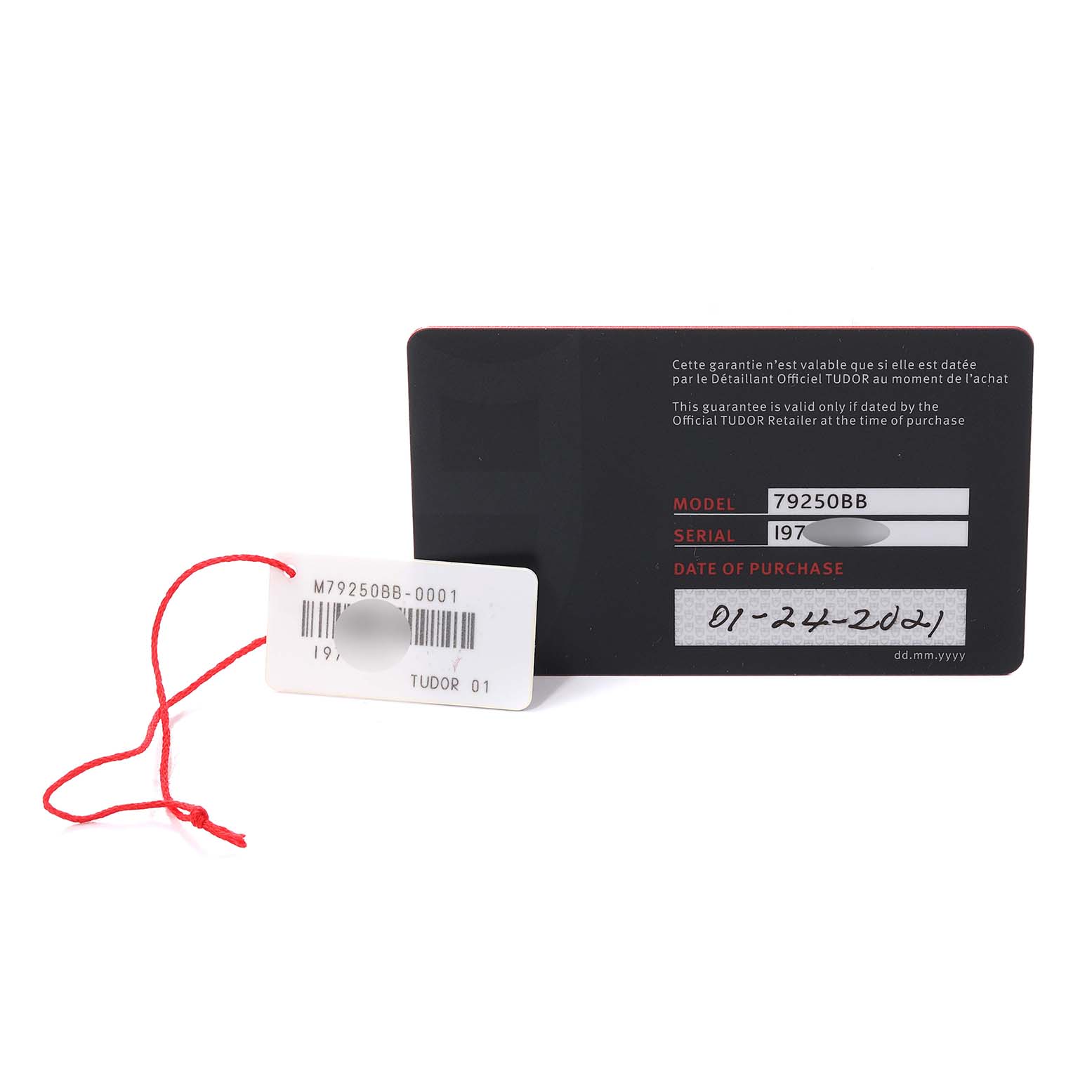 This image shows the warranty card and a tag for a Tudor Heritage Black Bay 79250BB Men's Ceramic Blue Dial 79250BB Men's Ceramic Blue Dial model 79250BB watch, with purchase date 01-24-2021.