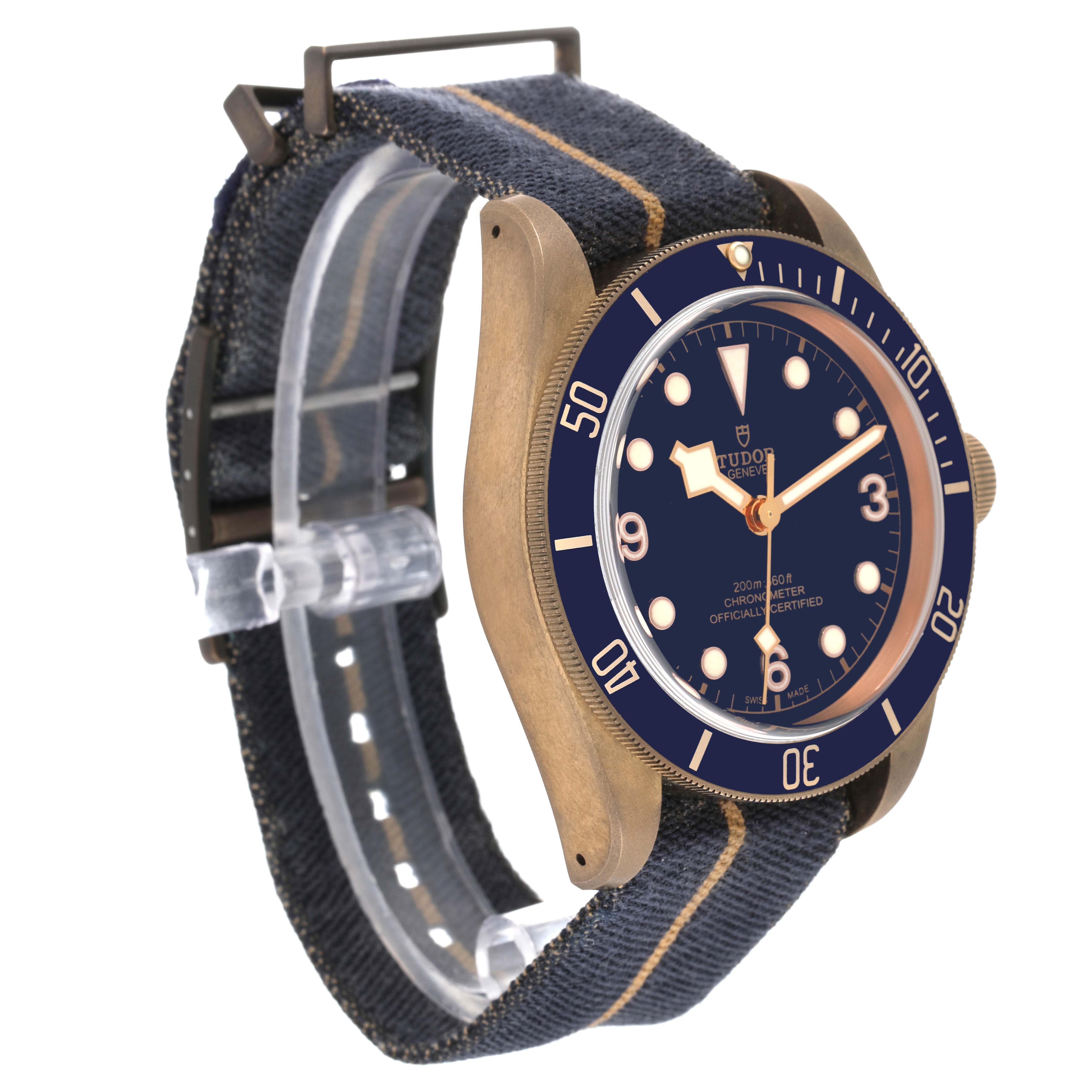 The Tudor Heritage Black Bay 79250BB Men's Ceramic Blue Dial 79250BB Men's Ceramic Blue Dial watch is shown at an angled side view, displaying the strap, case, dial, and bezel.