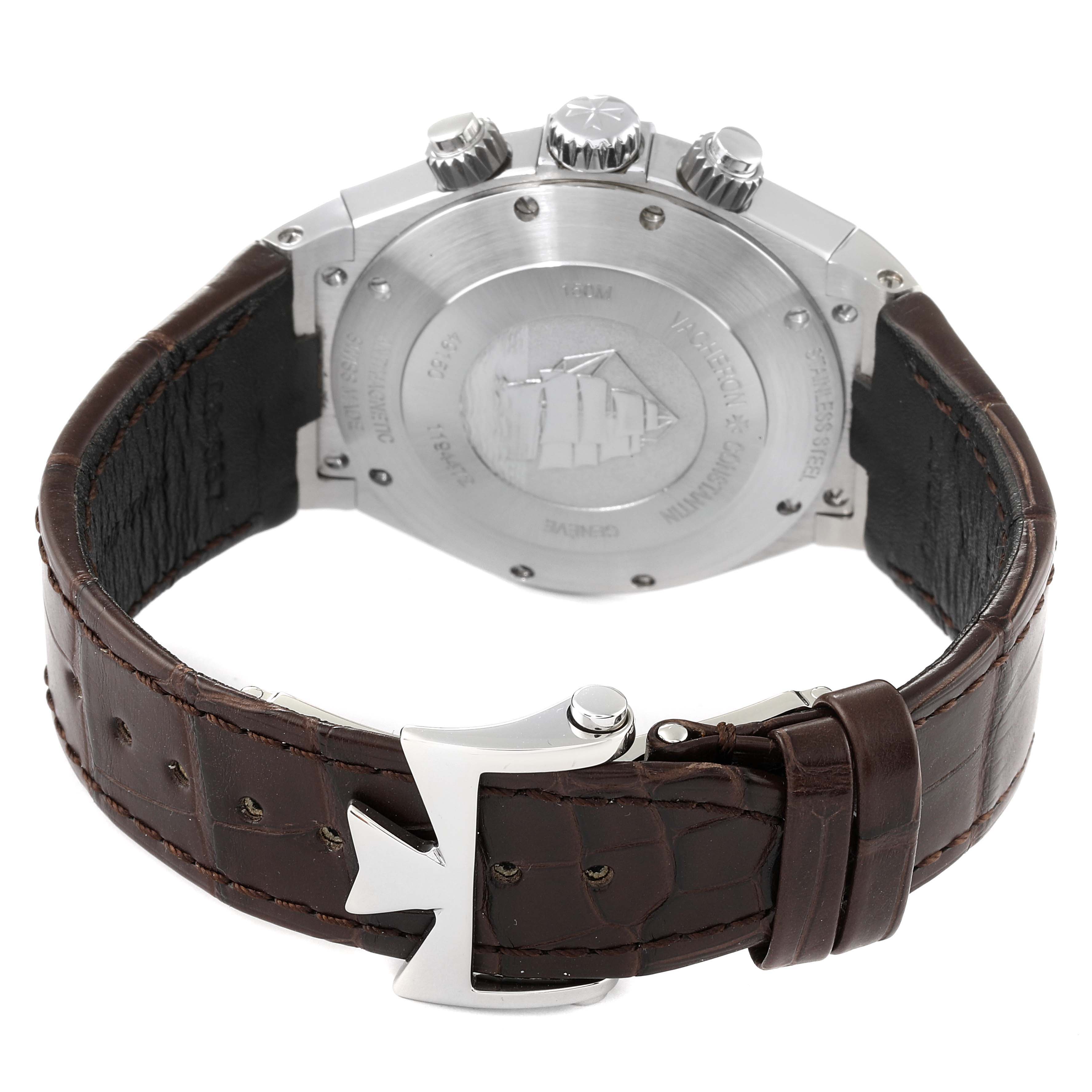 The image shows the back case and leather strap of the Vacheron Constantin Overseas 49150/000W-9501 Men's Stainless Steel Grey Dial 49150/000W-9501 Men's Stainless Steel Grey Dial watch.