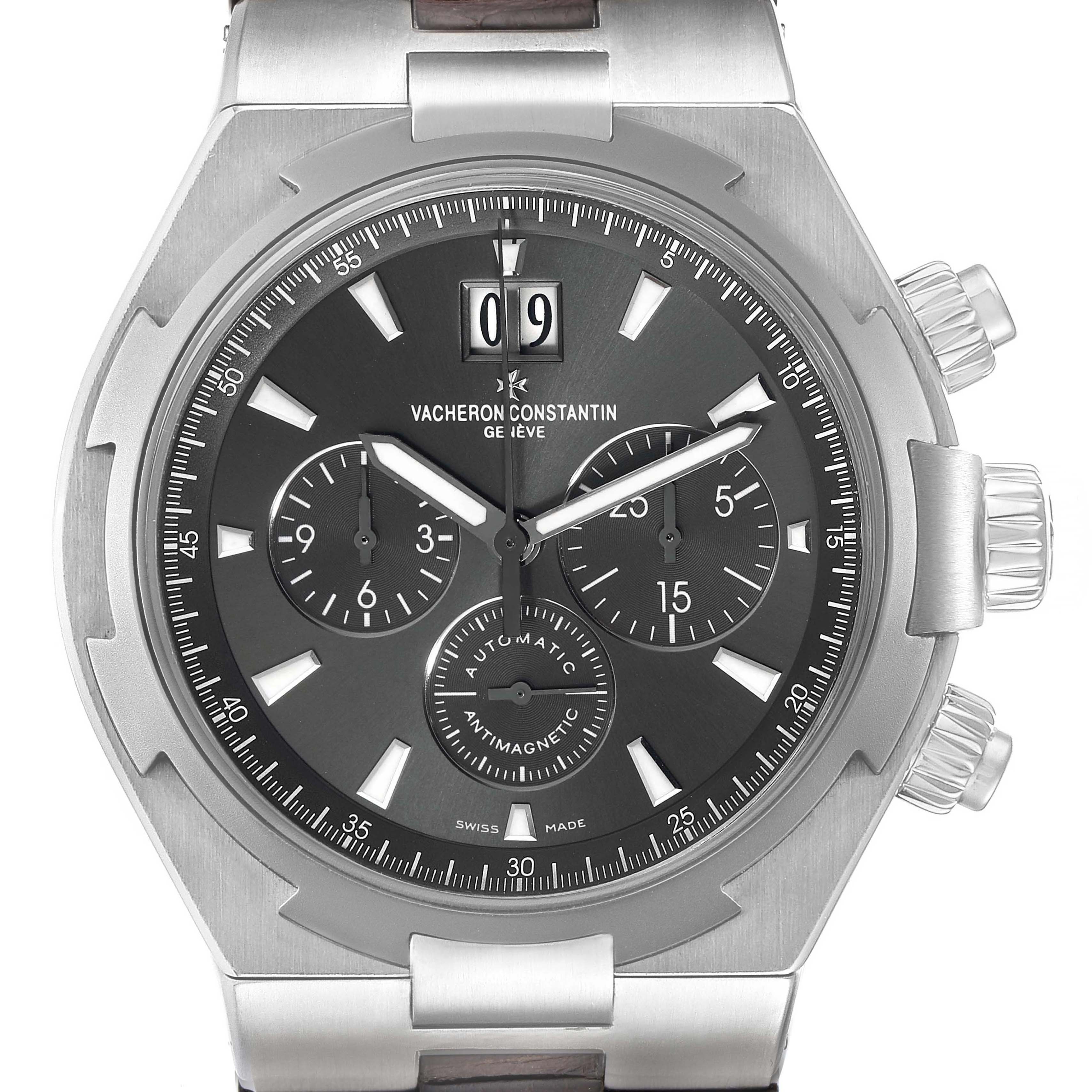 The image shows a front view of the Vacheron Constantin Overseas 49150/000W-9501 Men's Stainless Steel Grey Dial 49150/000W-9501 Men's Stainless Steel Grey Dial model watch dial with all its chronograph features and crown visible.