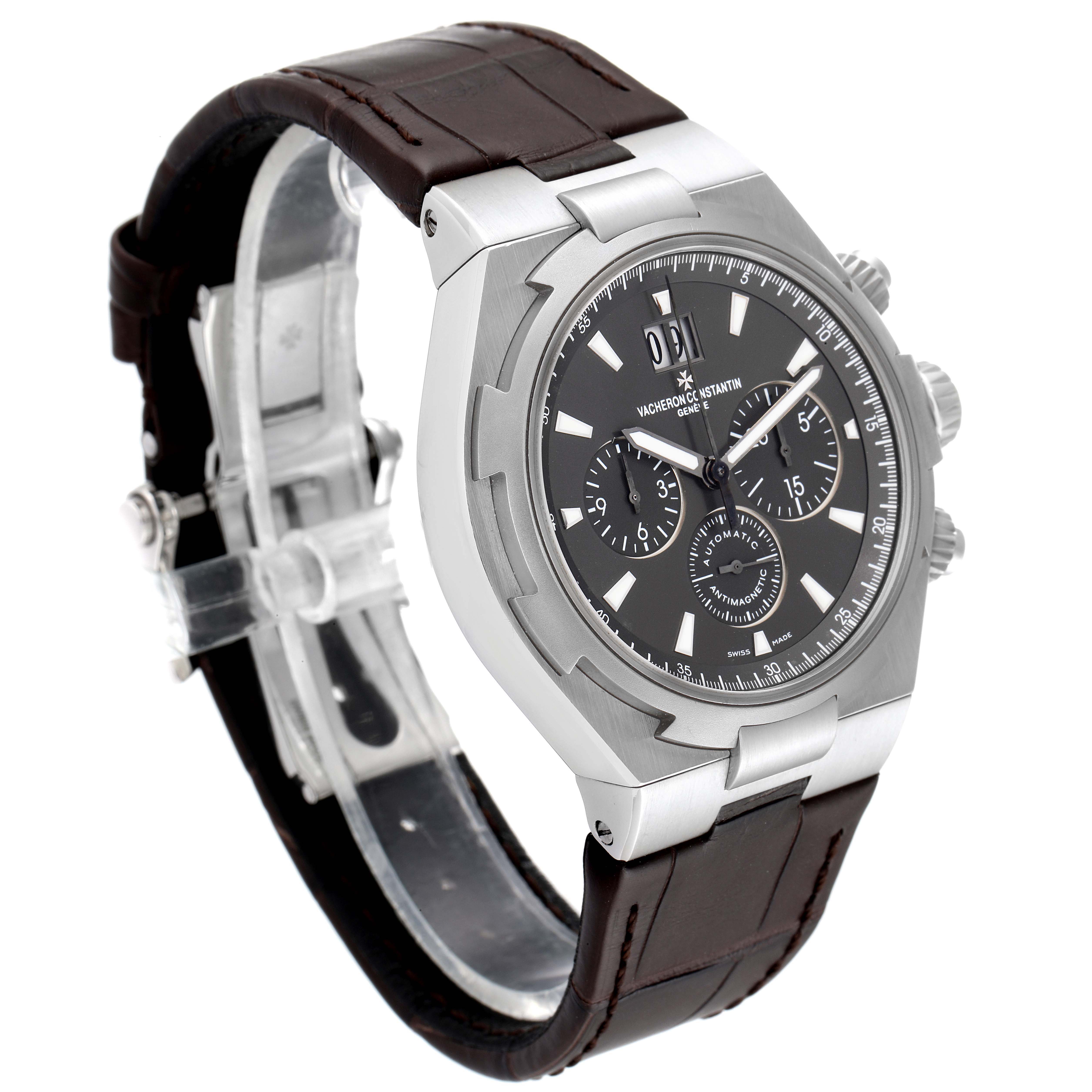 The image shows a Vacheron Constantin Overseas 49150/000W-9501 Men's Stainless Steel Grey Dial 49150/000W-9501 Men's Stainless Steel Grey Dial watch at a three-quarter angle, highlighting the bezel, dial, crown, and strap.