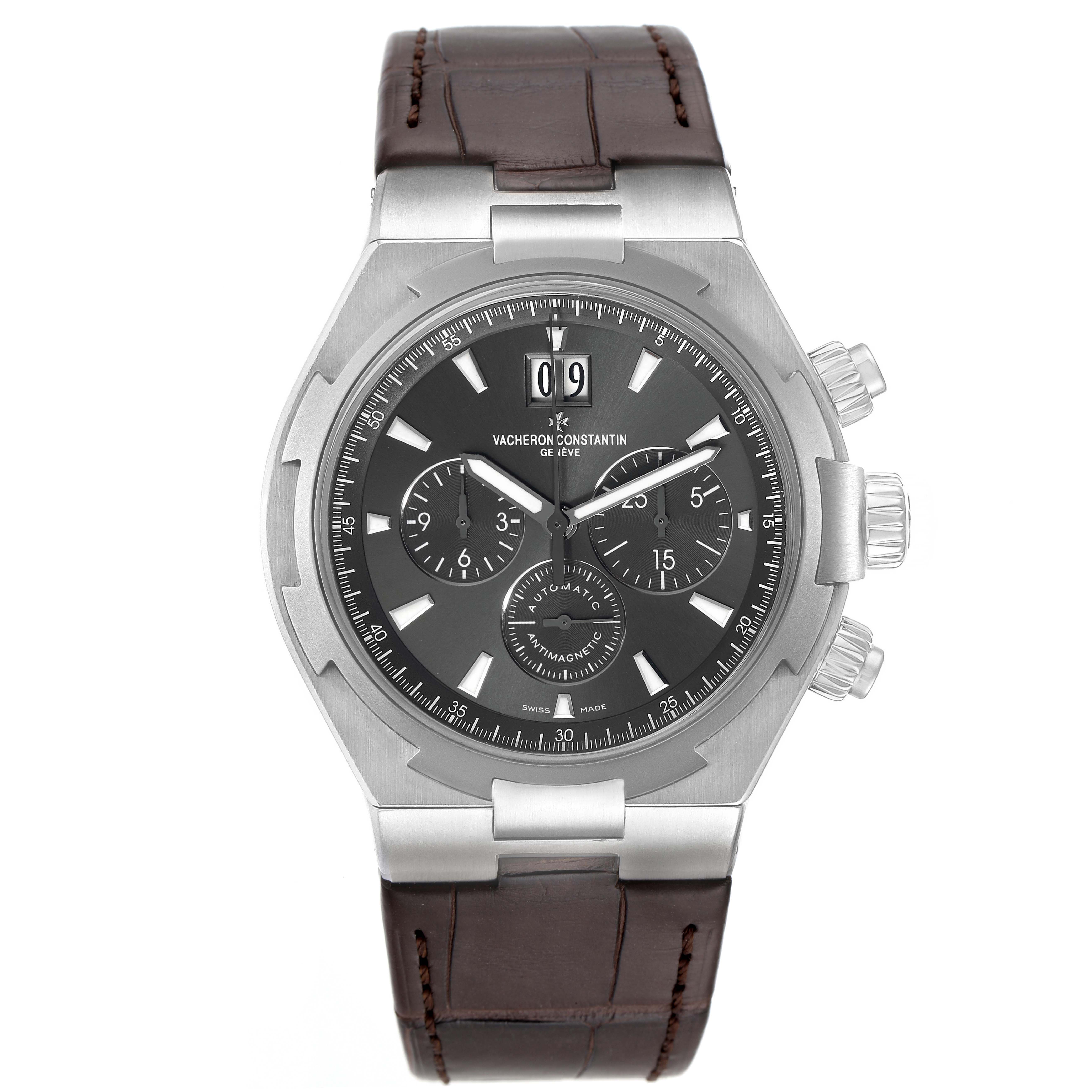 The image shows a Vacheron Constantin Overseas 49150/000W-9501 Men's Stainless Steel Grey Dial 49150/000W-9501 Men's Stainless Steel Grey Dial watch front-on, highlighting the dial, case, and leather strap.