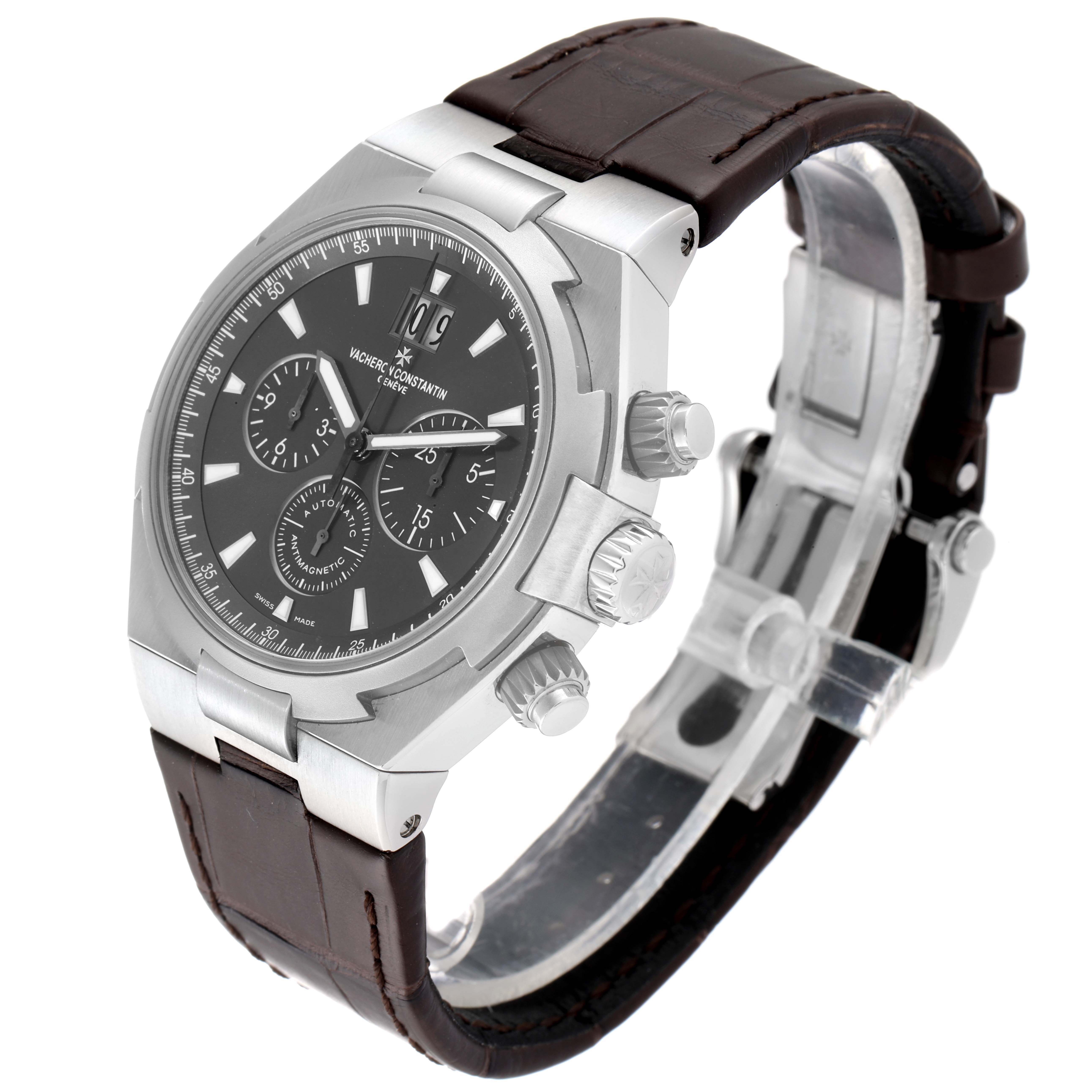 This Vacheron Constantin Overseas 49150/000W-9501 Men's Stainless Steel Grey Dial 49150/000W-9501 Men's Stainless Steel Grey Dial model watch is shown at a three-quarter angle, featuring its dial, crown, chronograph pushers, and leather strap.