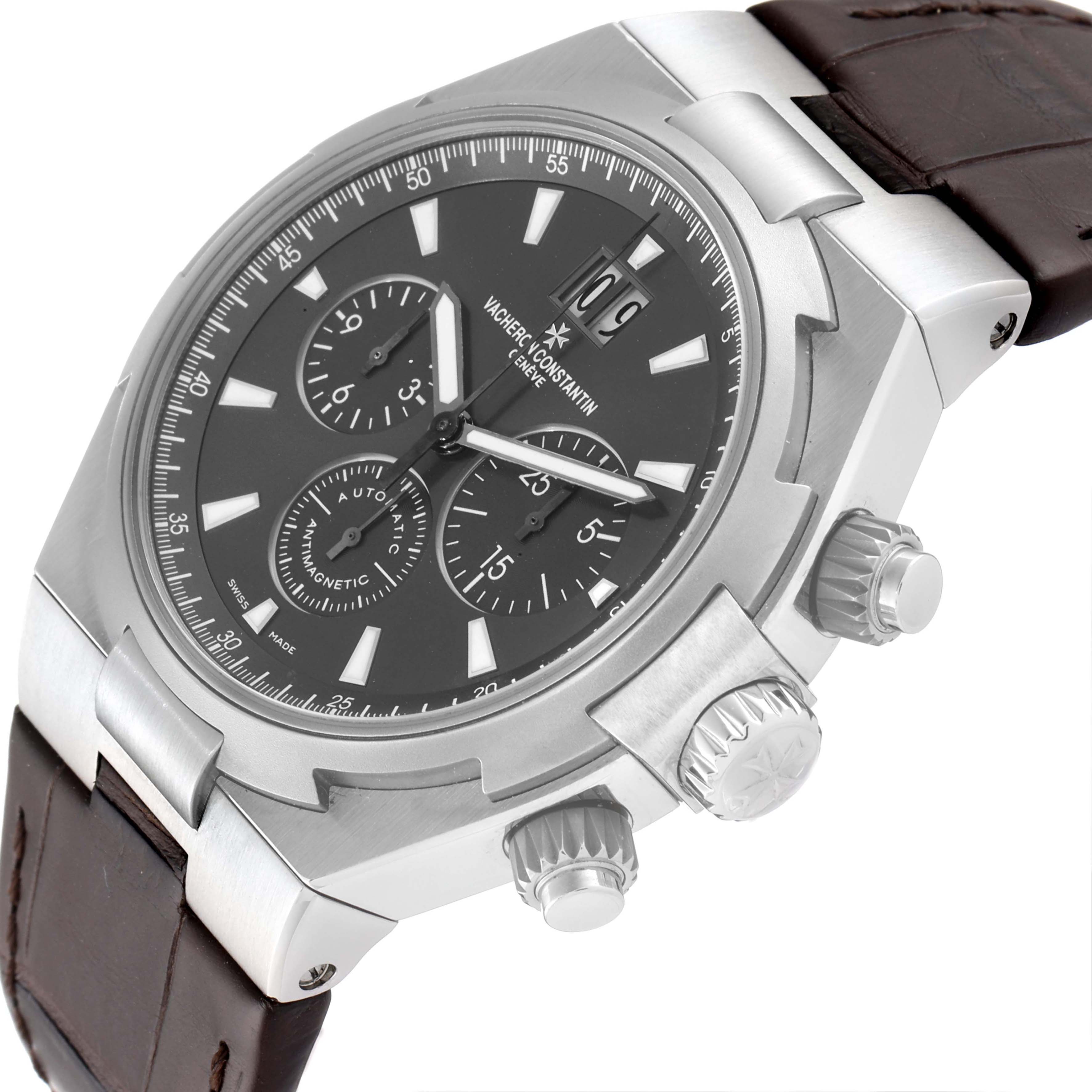 This image shows the Vacheron Constantin Overseas 49150/000W-9501 Men's Stainless Steel Grey Dial 49150/000W-9501 Men's Stainless Steel Grey Dial model watch at a 3/4 angle, highlighting the dial, case, and crown controls.