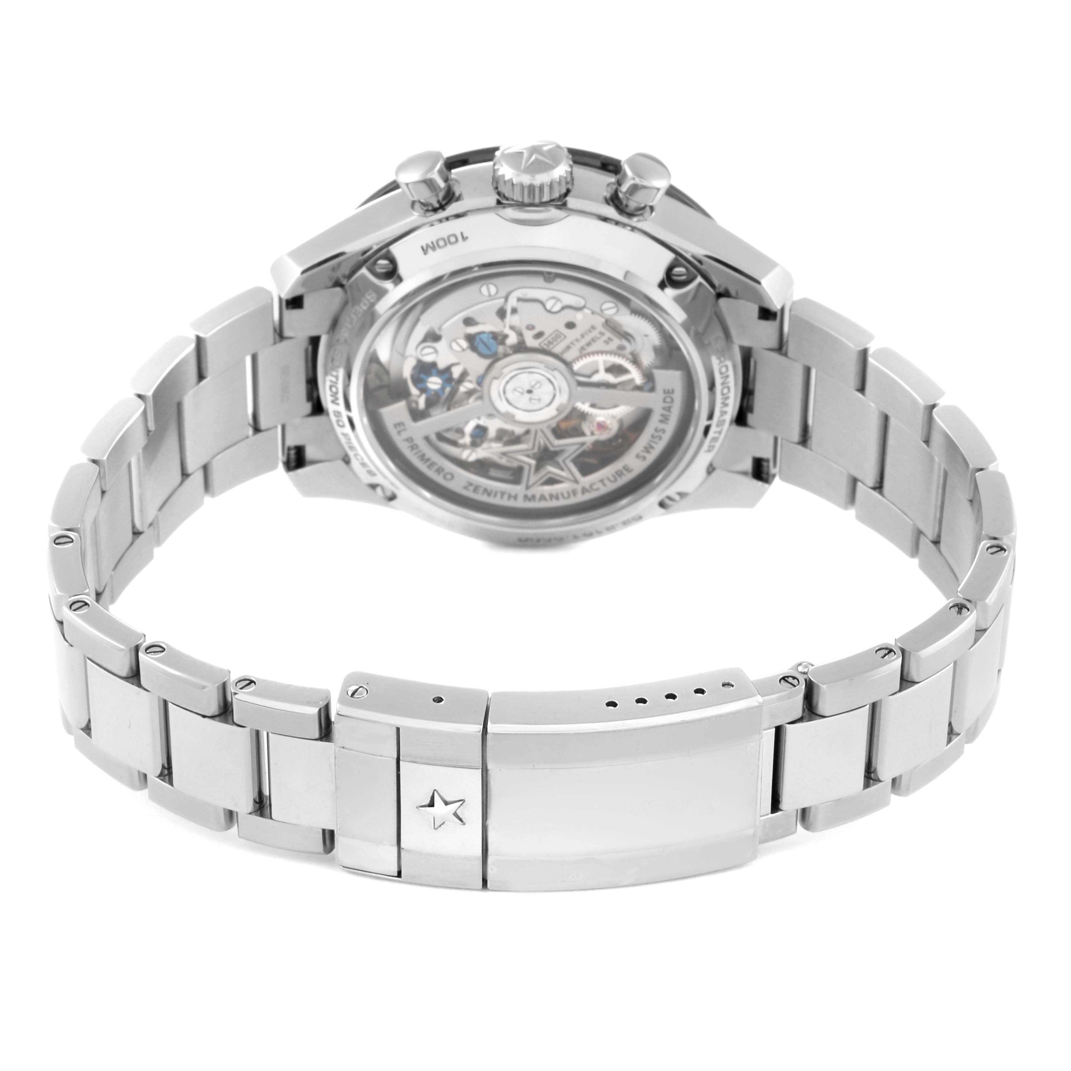 The image shows the back view of the Zenith Chronomaster 03.3101.3600 Men
s Stainless Steel Black Dial 03.3101.3600 Men
s Stainless Steel Black Dial watch, highlighting its stainless steel bracelet, clasp, and transparent case back.