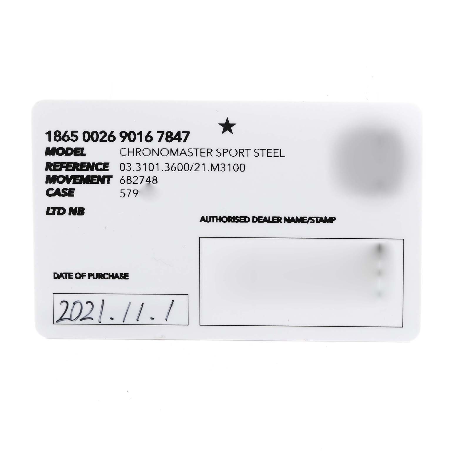 The image shows a warranty card for the Zenith Chronomaster 03.3101.3600 Men
s Stainless Steel Black Dial 03.3101.3600 Men
s Stainless Steel Black Dial Sport Steel model.