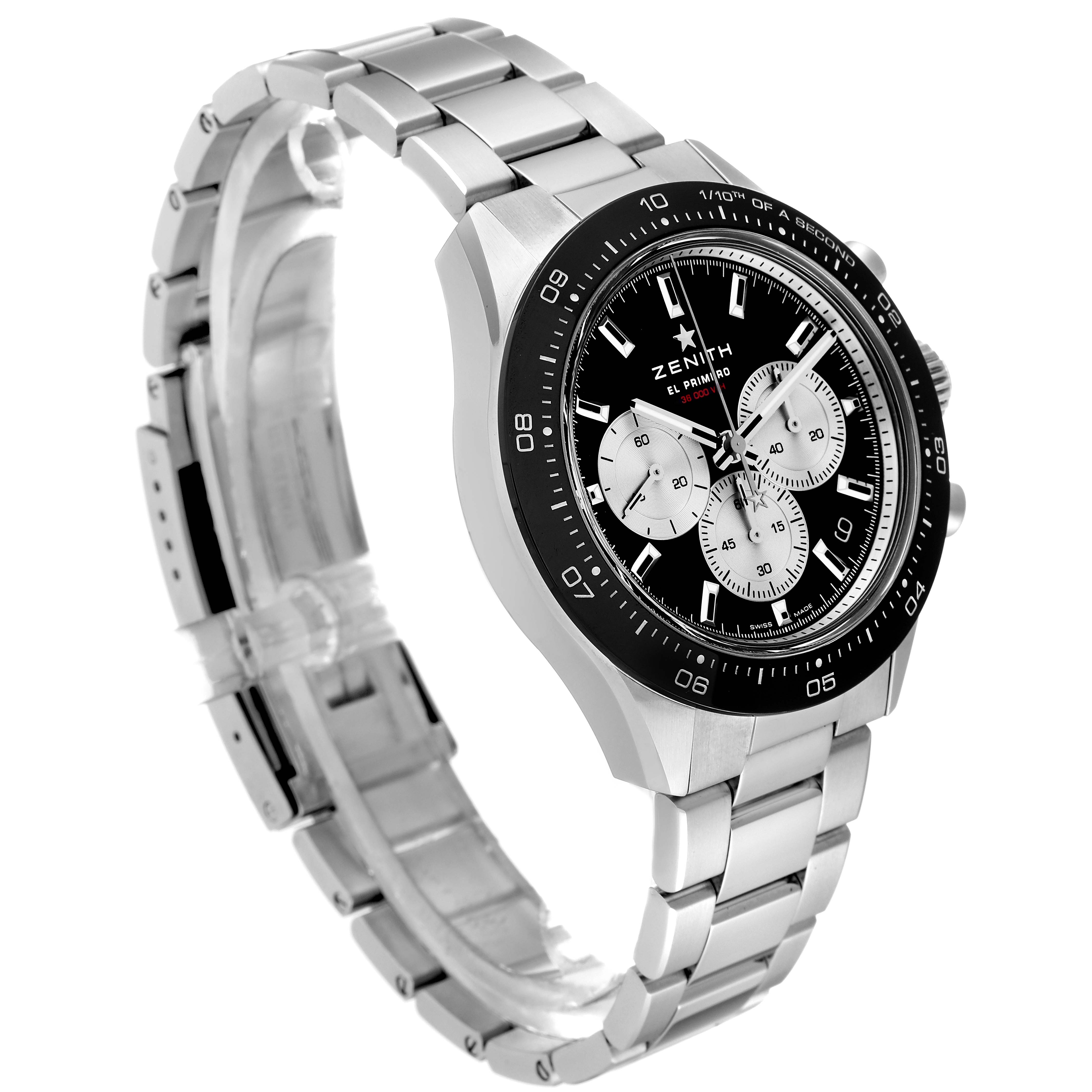 The watch is shown at a tilted angle highlighting the face and metal bracelet of the Zenith Chronomaster 03.3101.3600 Men
s Stainless Steel Black Dial 03.3101.3600 Men
s Stainless Steel Black Dial model.