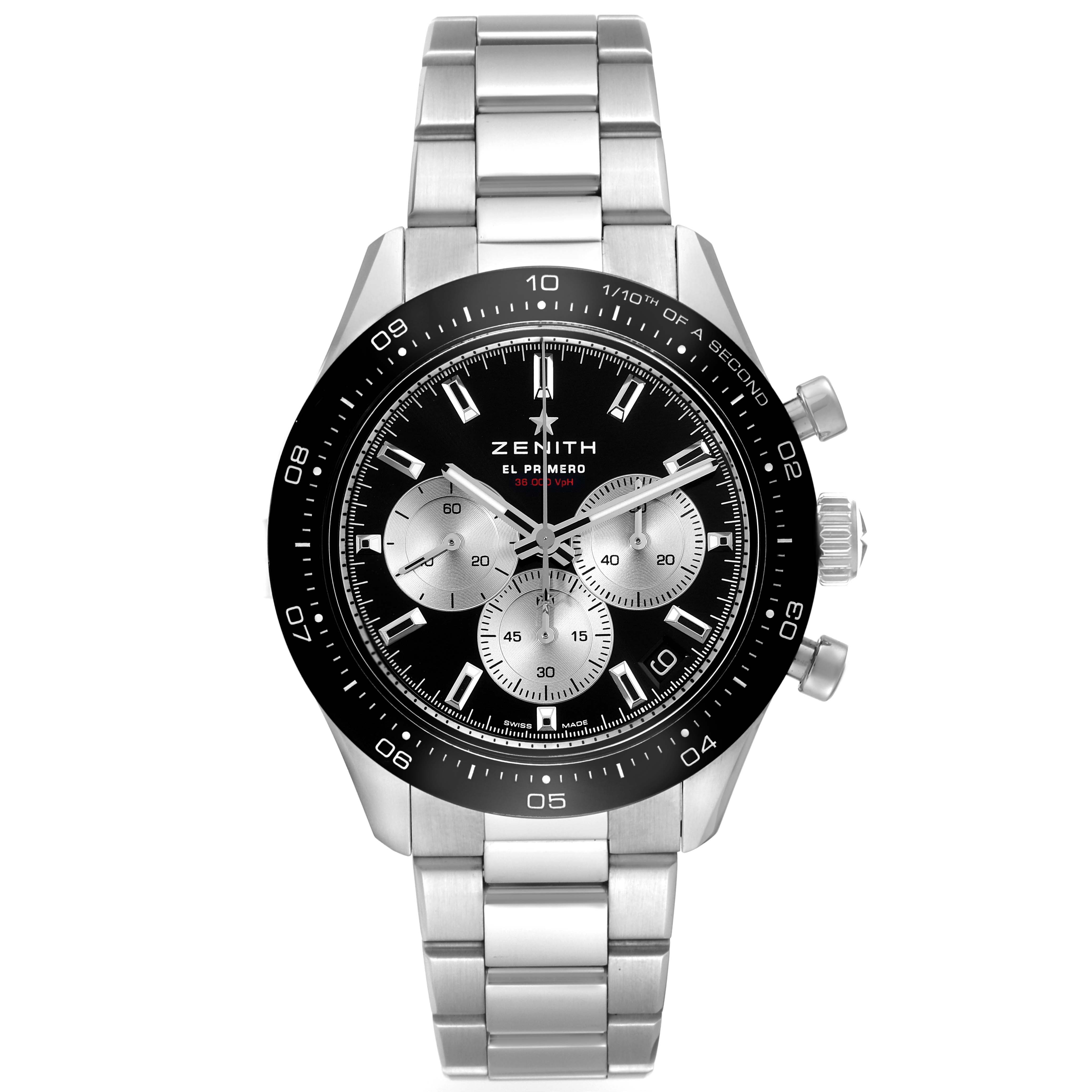 The image shows a front view of the Zenith Chronomaster 03.3101.3600 Men
s Stainless Steel Black Dial 03.3101.3600 Men
s Stainless Steel Black Dial watch, highlighting its dial, bezel, and bracelet.