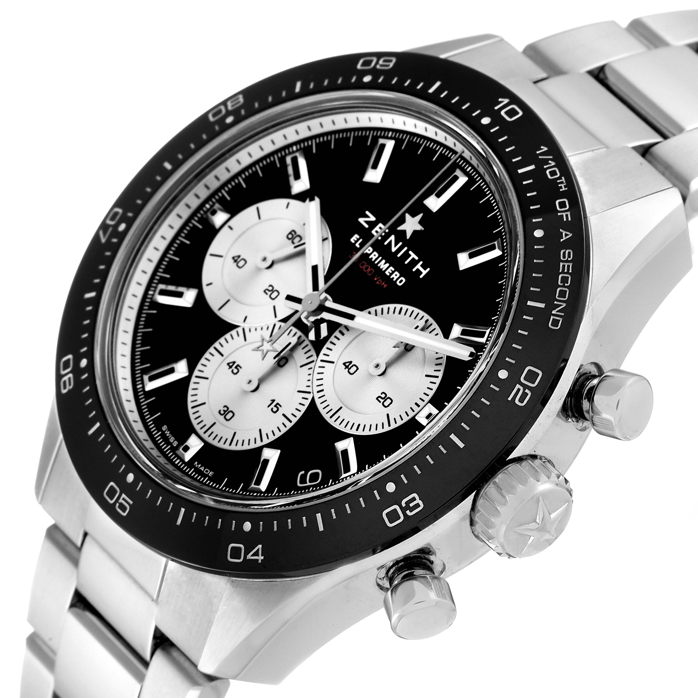 The image shows a close-up of the Zenith Chronomaster 03.3101.3600 Men
s Stainless Steel Black Dial 03.3101.3600 Men
s Stainless Steel Black Dial watch, highlighting the dial, bezel, crown, and chronograph pushers.