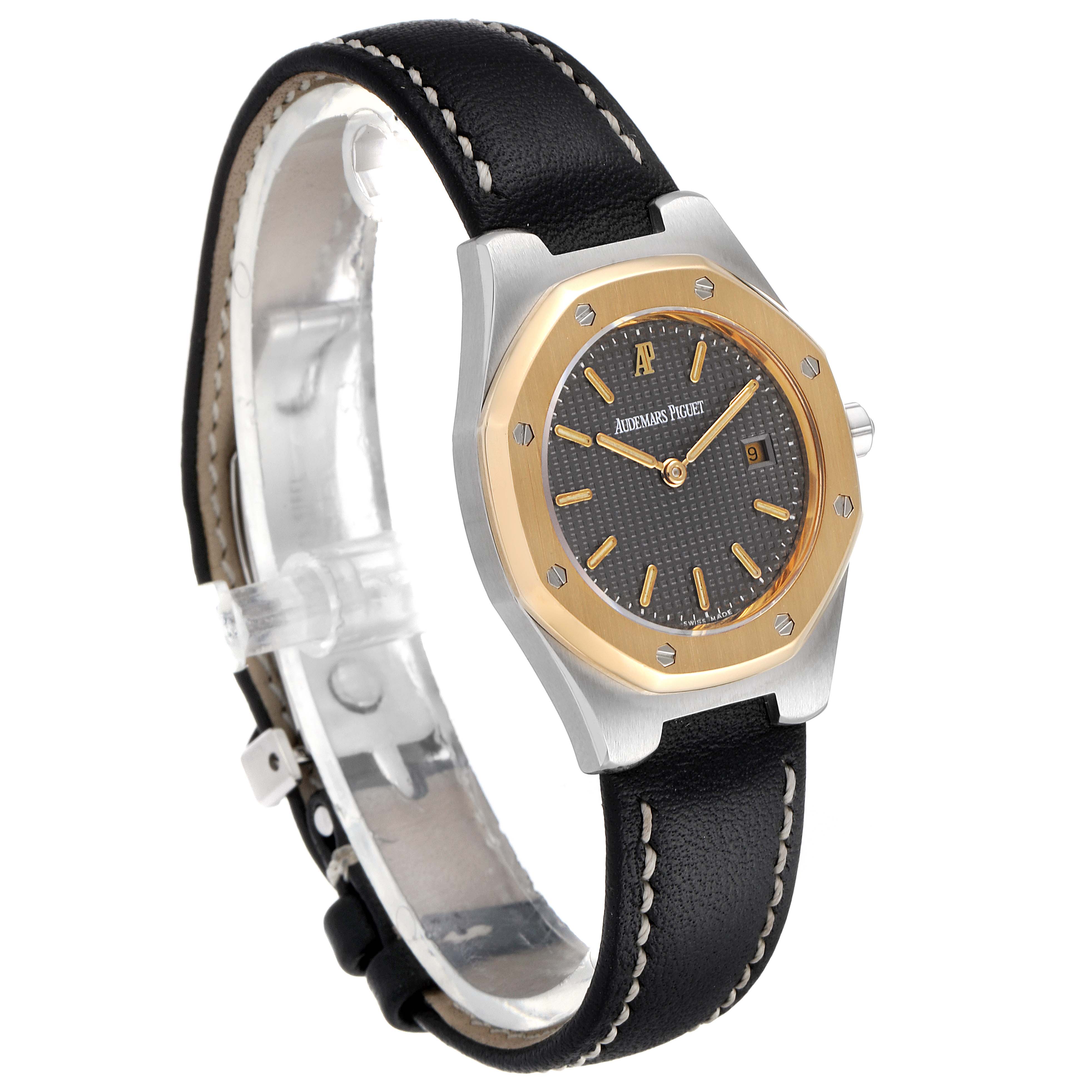 The image shows a Royal Oak model watch by Audemars Piguet, viewed from a front angle, displaying its dial, bezel, and leather strap.