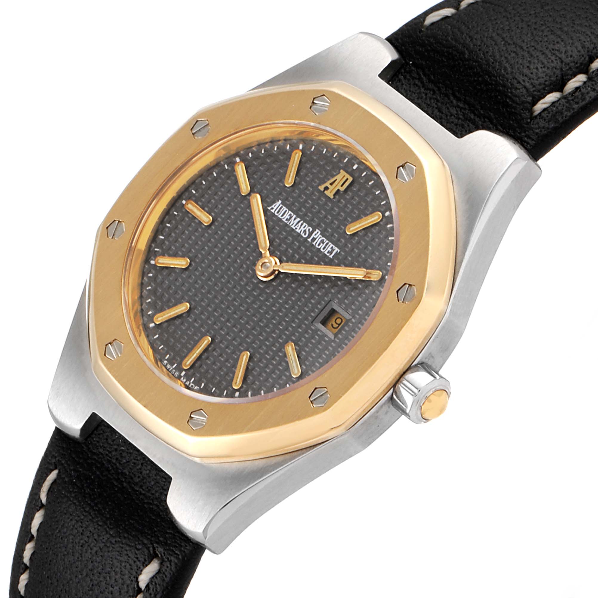 The image shows a Royal Oak watch by Audemars Piguet from a top angle featuring the bezel, dial, case, and strap.