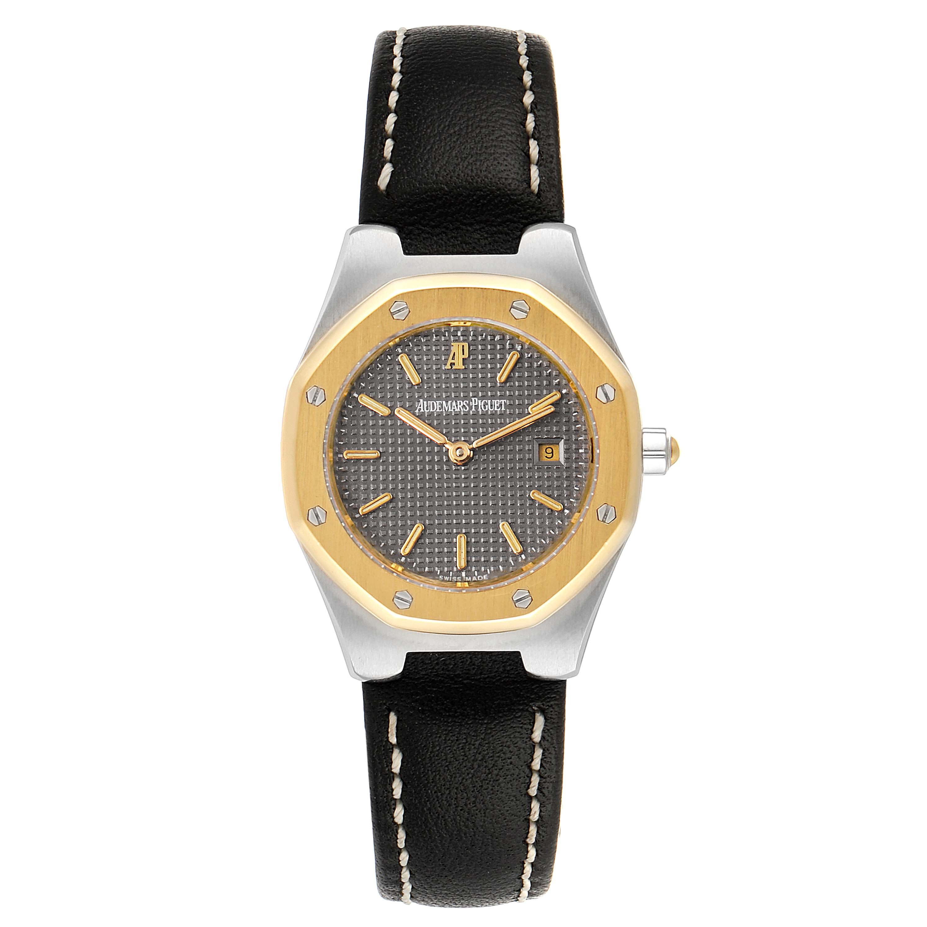This image shows a front view of an Audemars Piguet Royal Oak  Women's Steel and Gold (two tone) Grey Dial  Women's Steel and Gold (two tone) Grey Dial watch with a black leather strap and a gray dial.