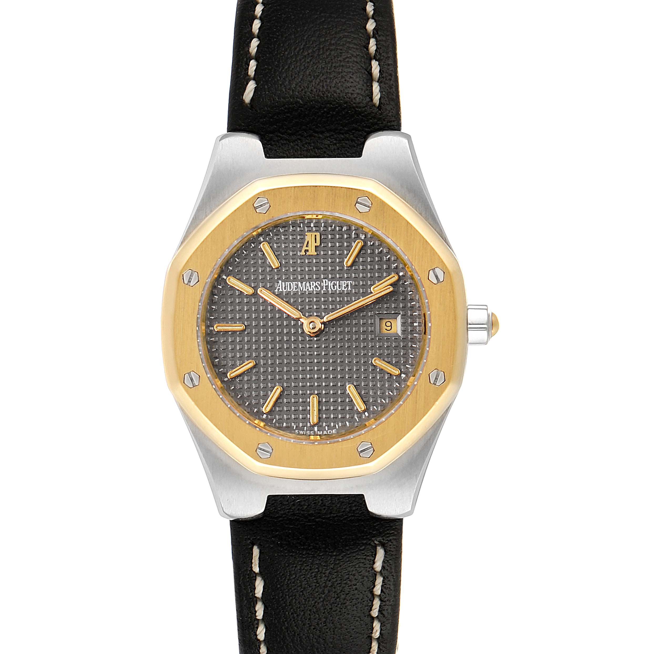 This image shows a front view of an Audemars Piguet Royal Oak  Women's Steel and Gold (two tone) Grey Dial  Women's Steel and Gold (two tone) Grey Dial watch, displaying the dial, bezel, and part of the leather strap.
