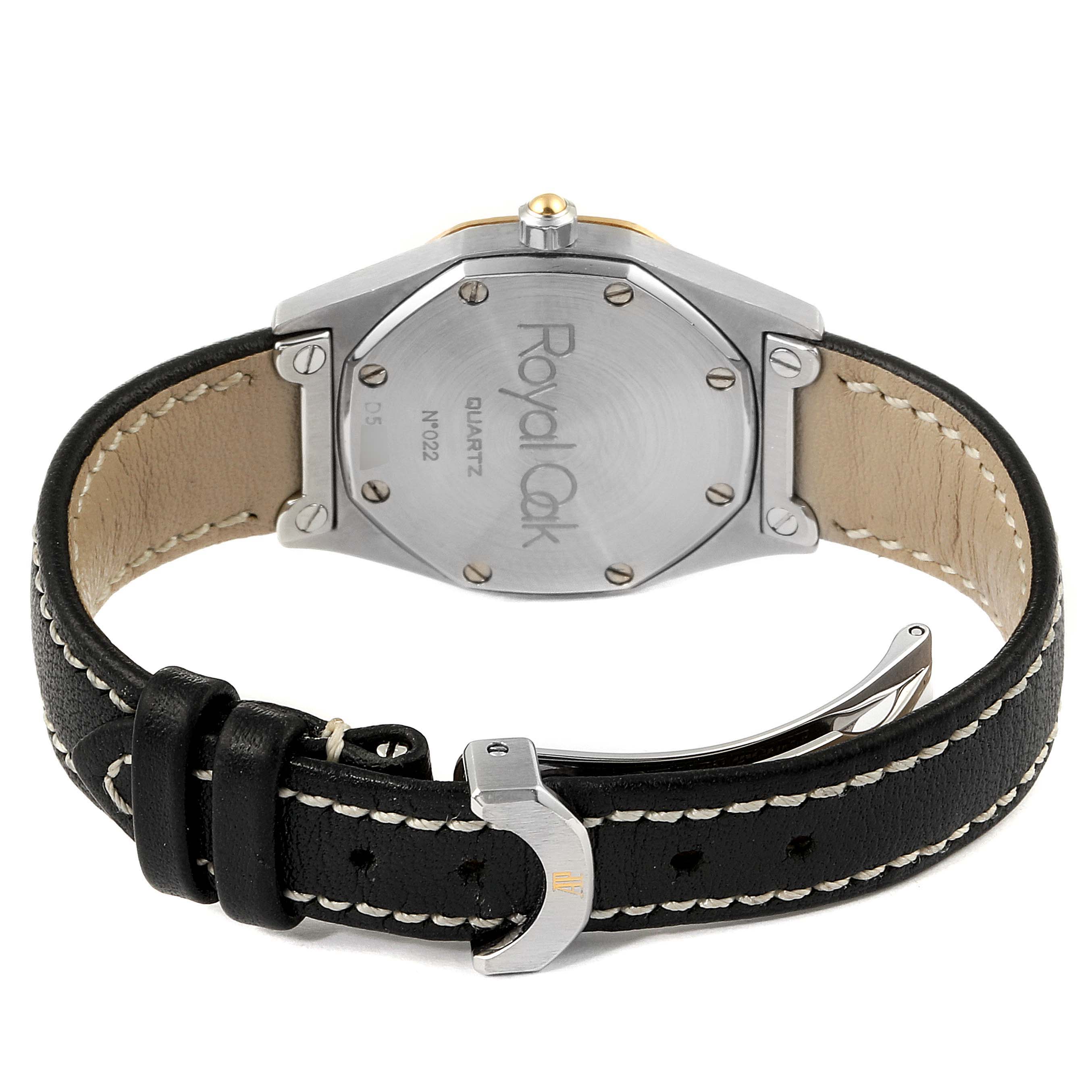 This image shows the back case and strap of a Royal Oak model watch by Audemars Piguet.