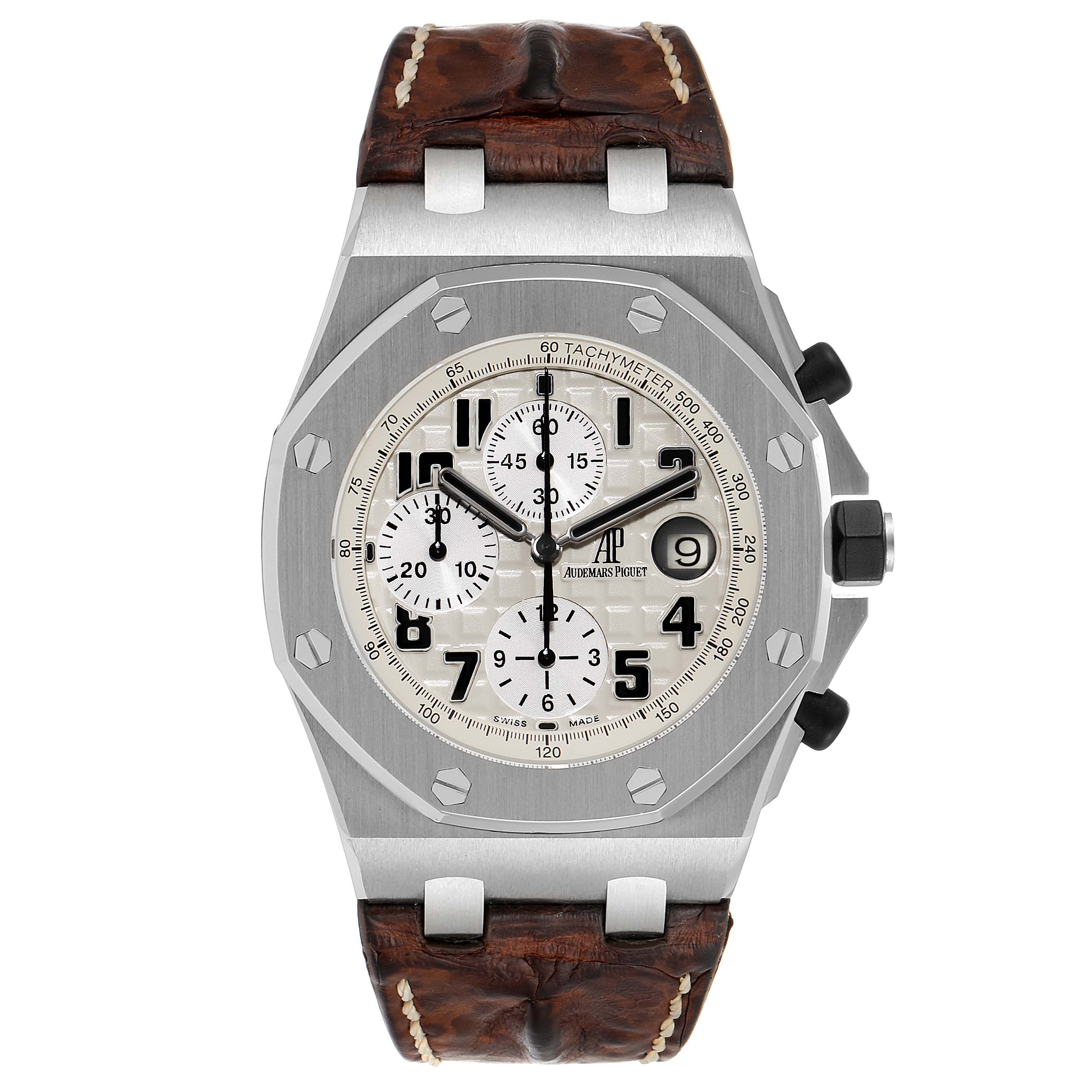 This image shows a front view of the Audemars Piguet Royal Oak Offshore 26170ST.OO.D091CR.01 Men's Stainless Steel Silver Dial 26170ST.OO.D091CR.01 Men's Stainless Steel Silver Dial watch, highlighting its face, bezel, and leather strap.