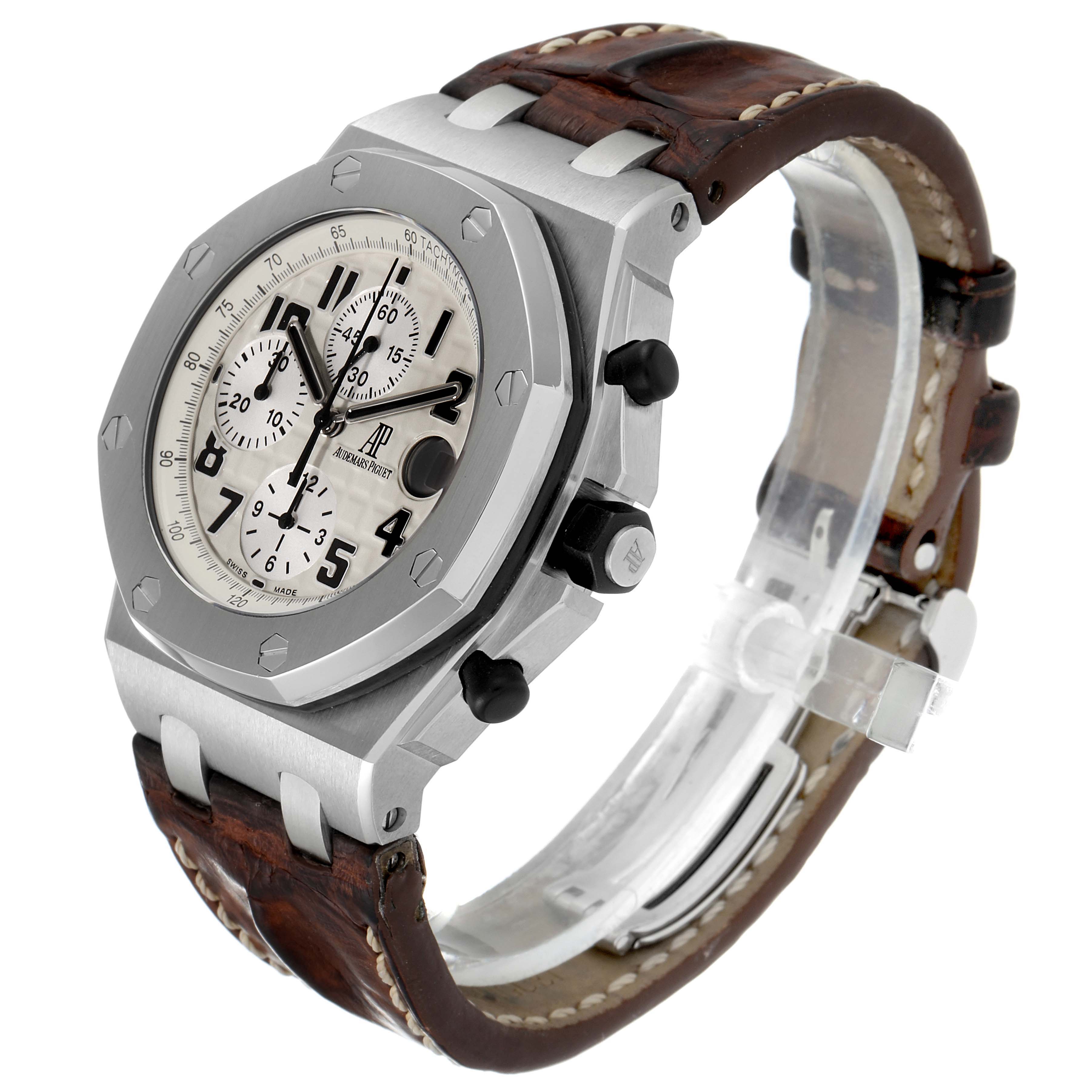 The image depicts a Royal Oak Offshore model by Audemars Piguet from an angled view, showing the watch face, bezel, and leather strap.