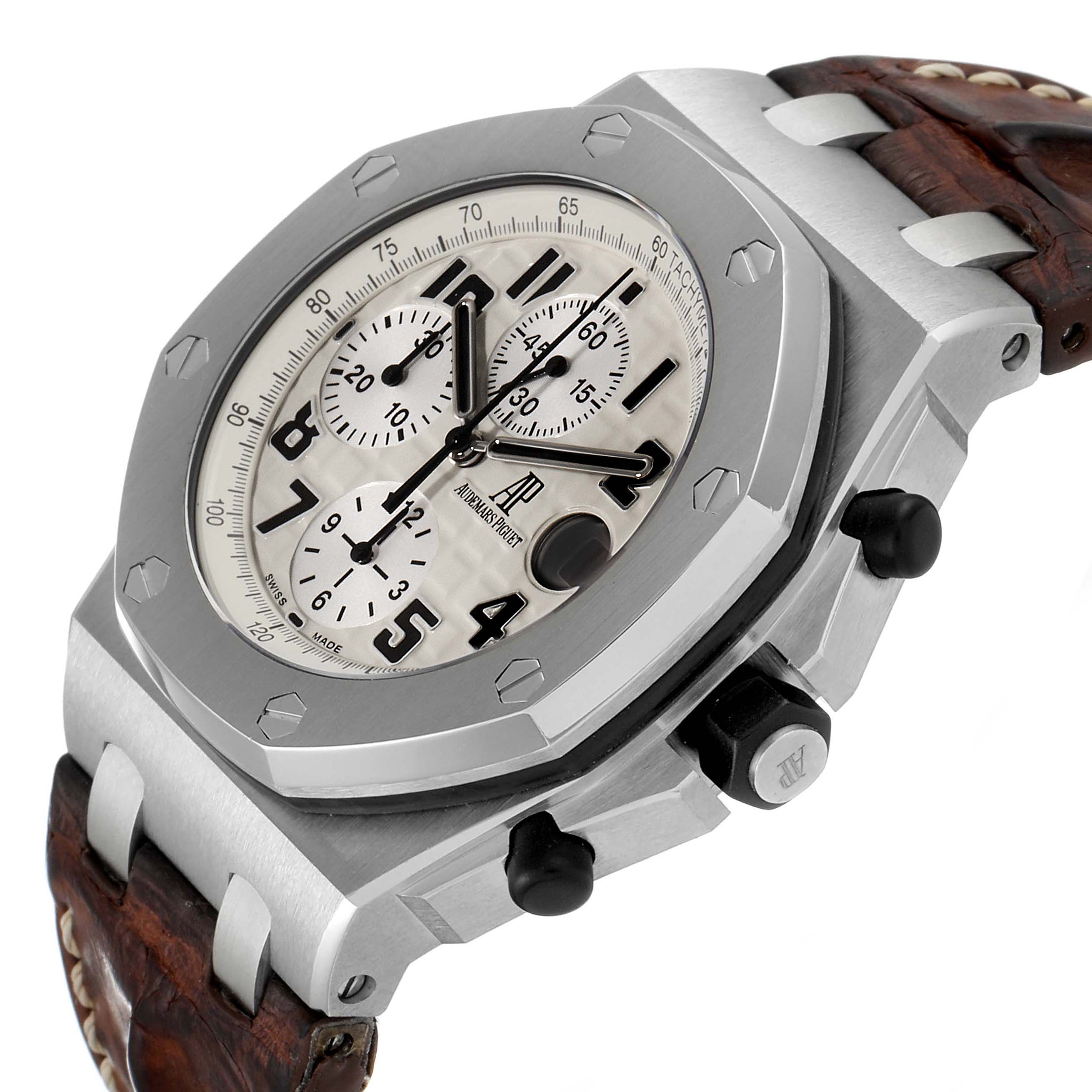 The image shows a close-up of the Audemars Piguet Royal Oak Offshore 26170ST.OO.D091CR.01 Men's Stainless Steel Silver Dial 26170ST.OO.D091CR.01 Men's Stainless Steel Silver Dial watch at an angled view, highlighting the dial, crown, and bezel.