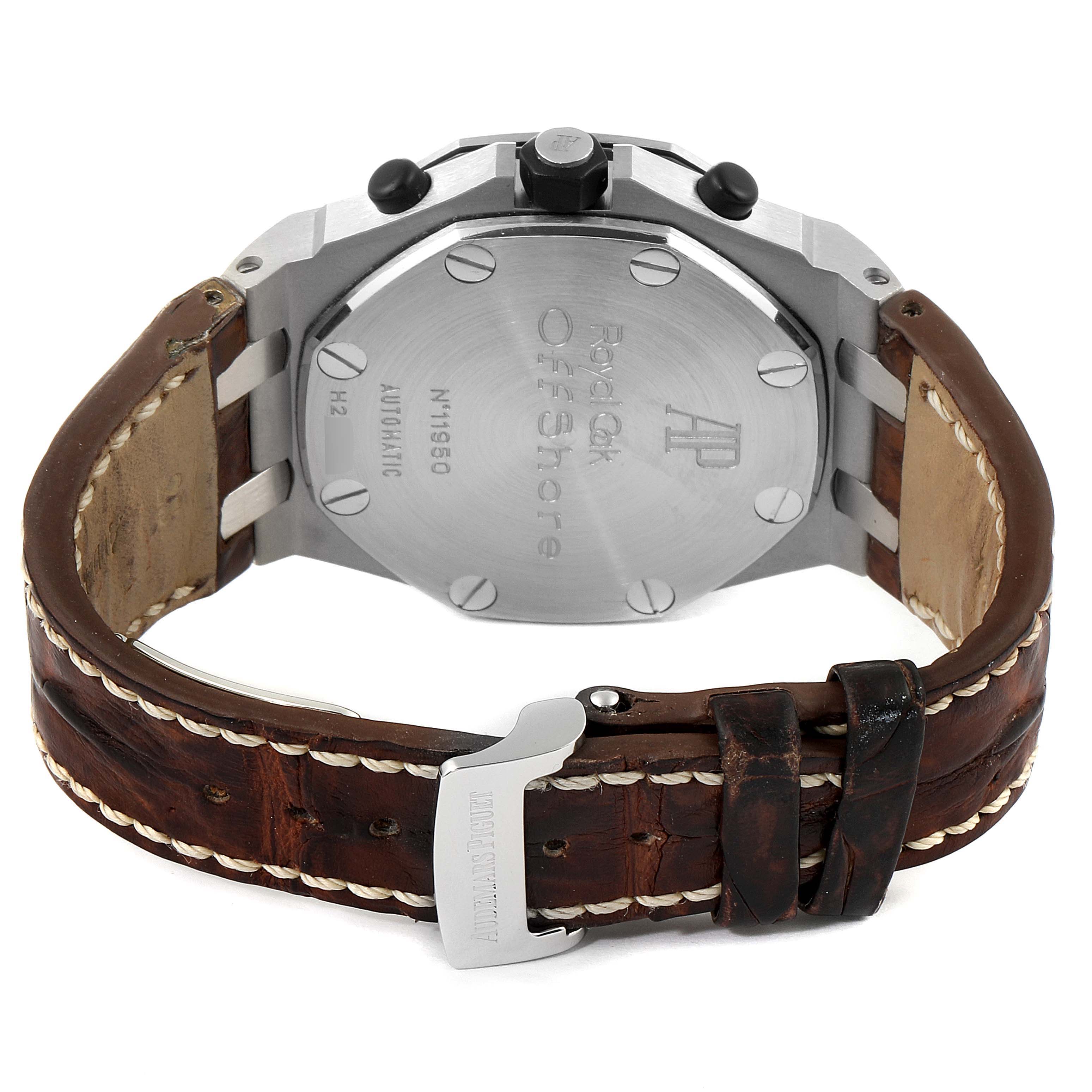 The image shows the back view of an Audemars Piguet Royal Oak Offshore 26170ST.OO.D091CR.01 Men's Stainless Steel Silver Dial 26170ST.OO.D091CR.01 Men's Stainless Steel Silver Dial watch, highlighting the case back and leather strap.