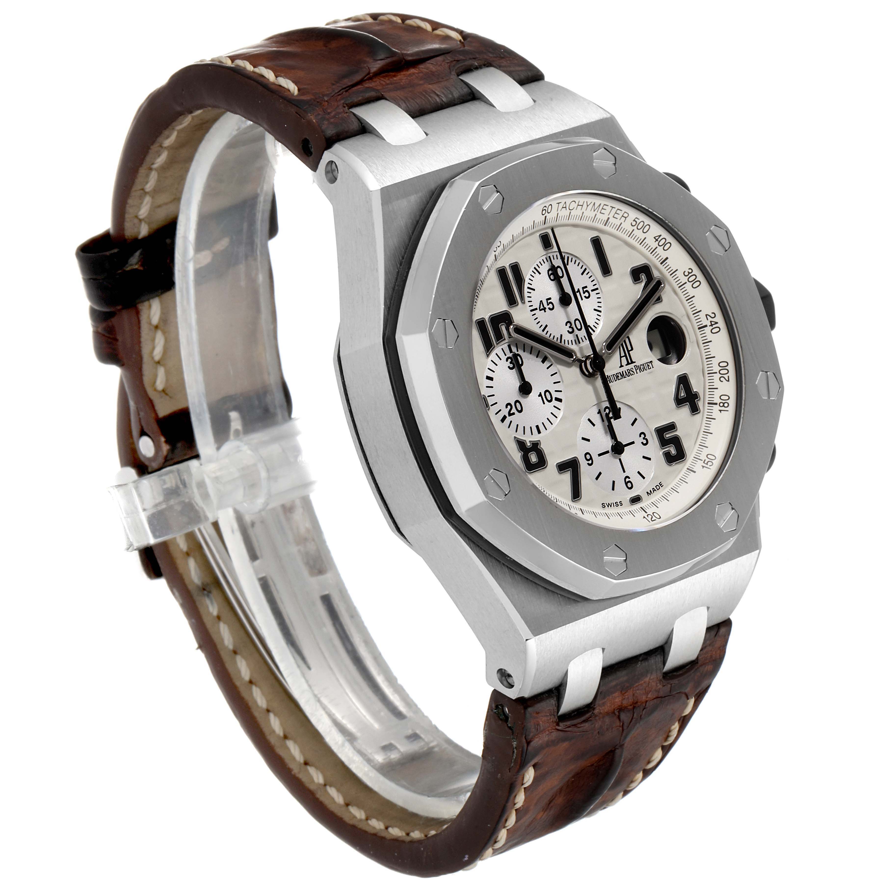 The Audemars Piguet Royal Oak Offshore 26170ST.OO.D091CR.01 Men's Stainless Steel Silver Dial 26170ST.OO.D091CR.01 Men's Stainless Steel Silver Dial watch is shown at an angle displaying the watch face, case, and leather strap.