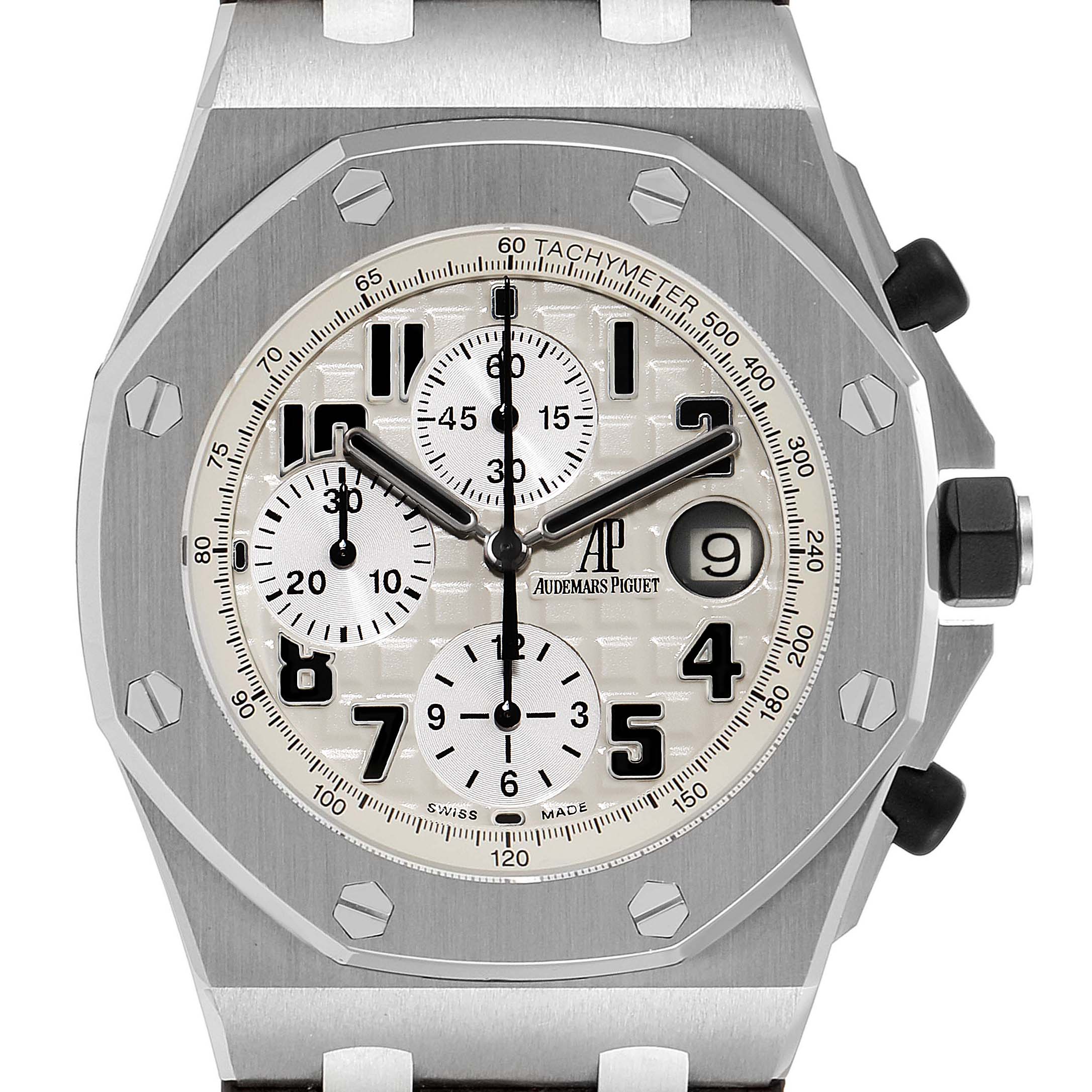 The image shows a front view of the Audemars Piguet Royal Oak Offshore 26170ST.OO.D091CR.01 Men's Stainless Steel Silver Dial 26170ST.OO.D091CR.01 Men's Stainless Steel Silver Dial watch, including the dial, bezel, pushers, and crown.