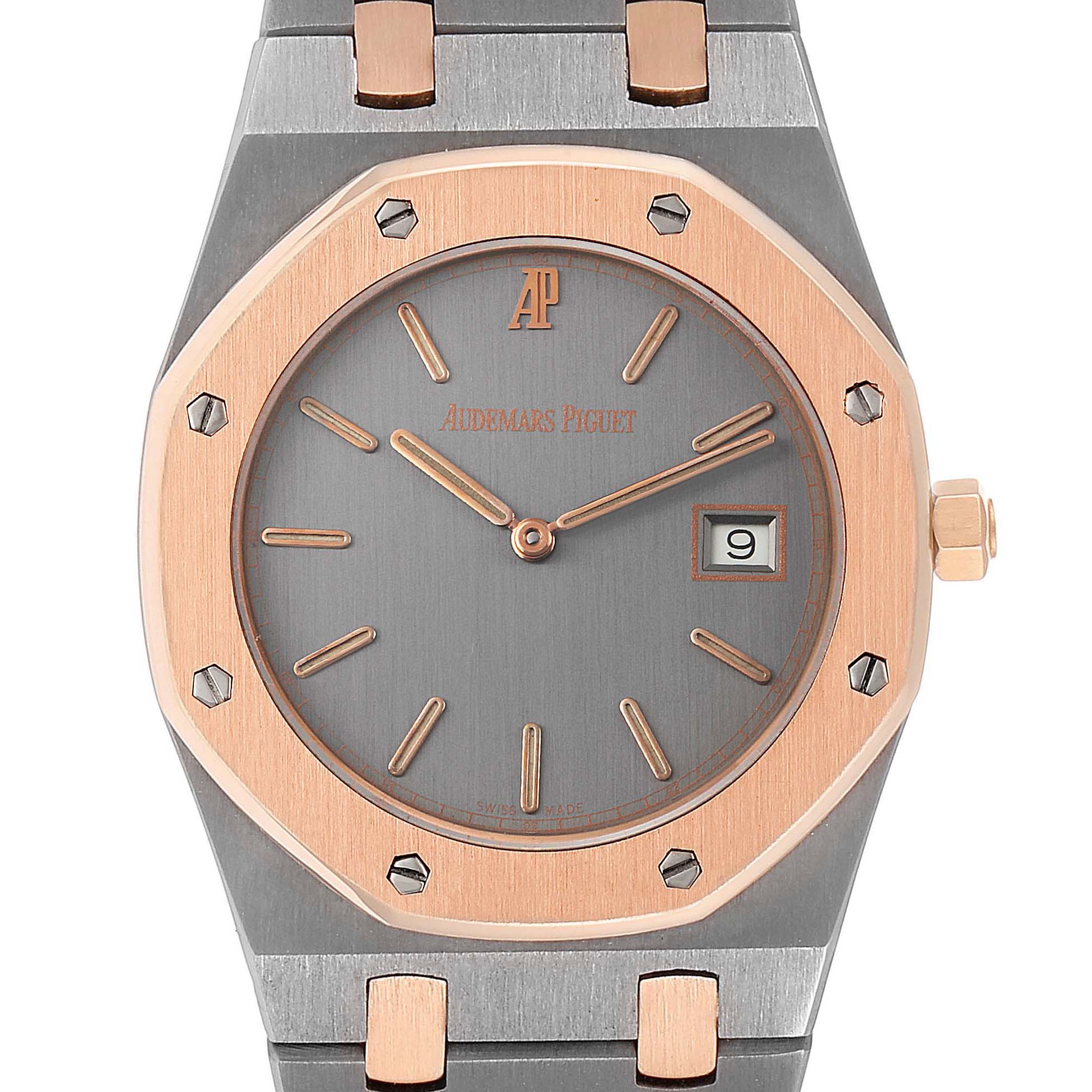 This is a close-up, front view of the Audemars Piguet Royal Oak 56175TR-OO-0789TR-01 Men's Steel and Gold (two tone) Black Dial 56175TR-OO-0789TR-01 Men's Steel and Gold (two tone) Black Dial watch, showing the dial with hands, markers, brand name, and date window.