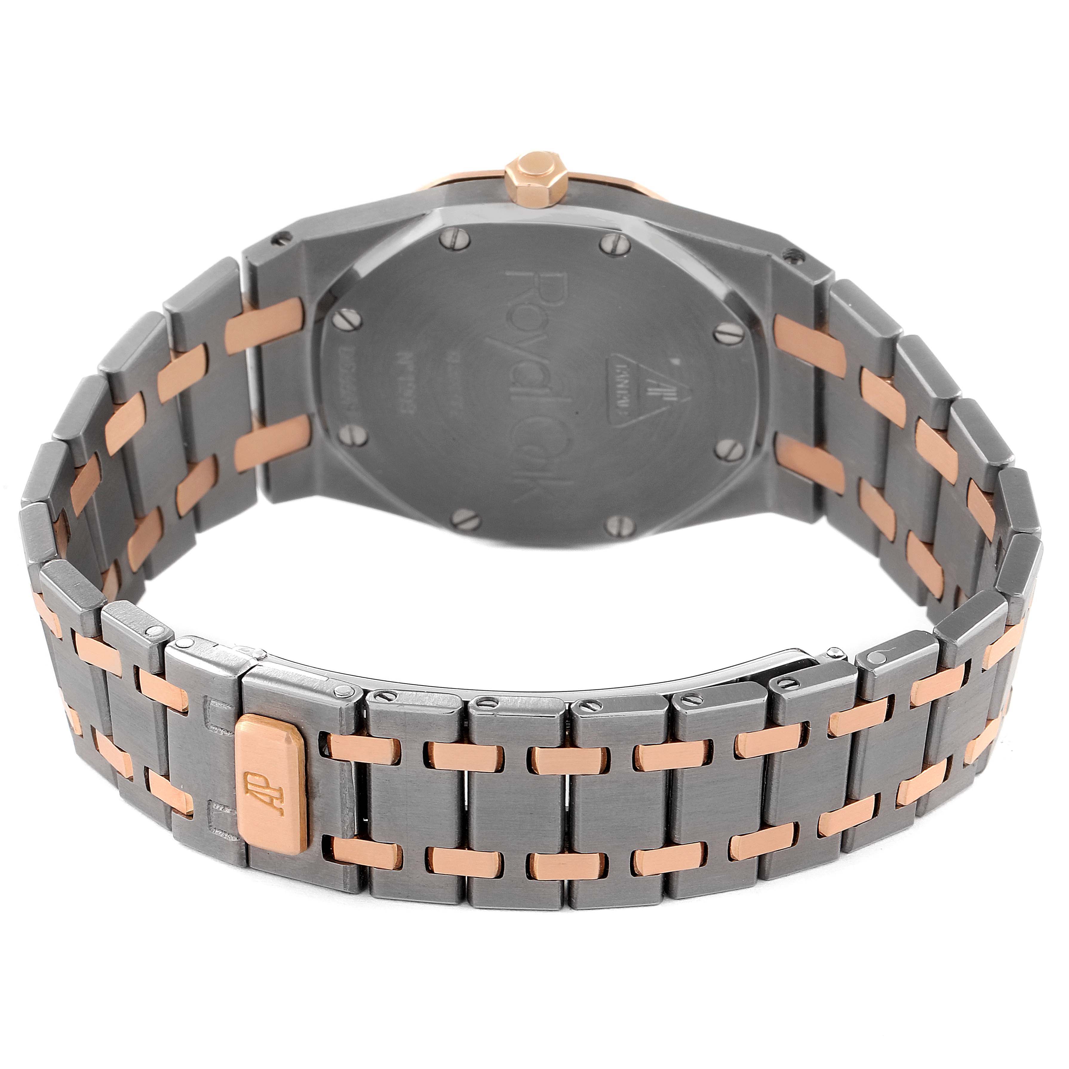 This image shows the back view of the Royal Oak model by Audemars Piguet, featuring its case back and integrated bracelet.