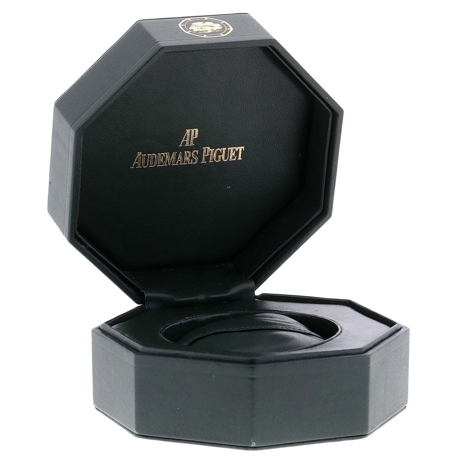 This image shows an open Audemars Piguet Royal Oak 56175TR-OO-0789TR-01 Men's Steel and Gold (two tone) Black Dial 56175TR-OO-0789TR-01 Men's Steel and Gold (two tone) Black Dial watch box at a slight angle.