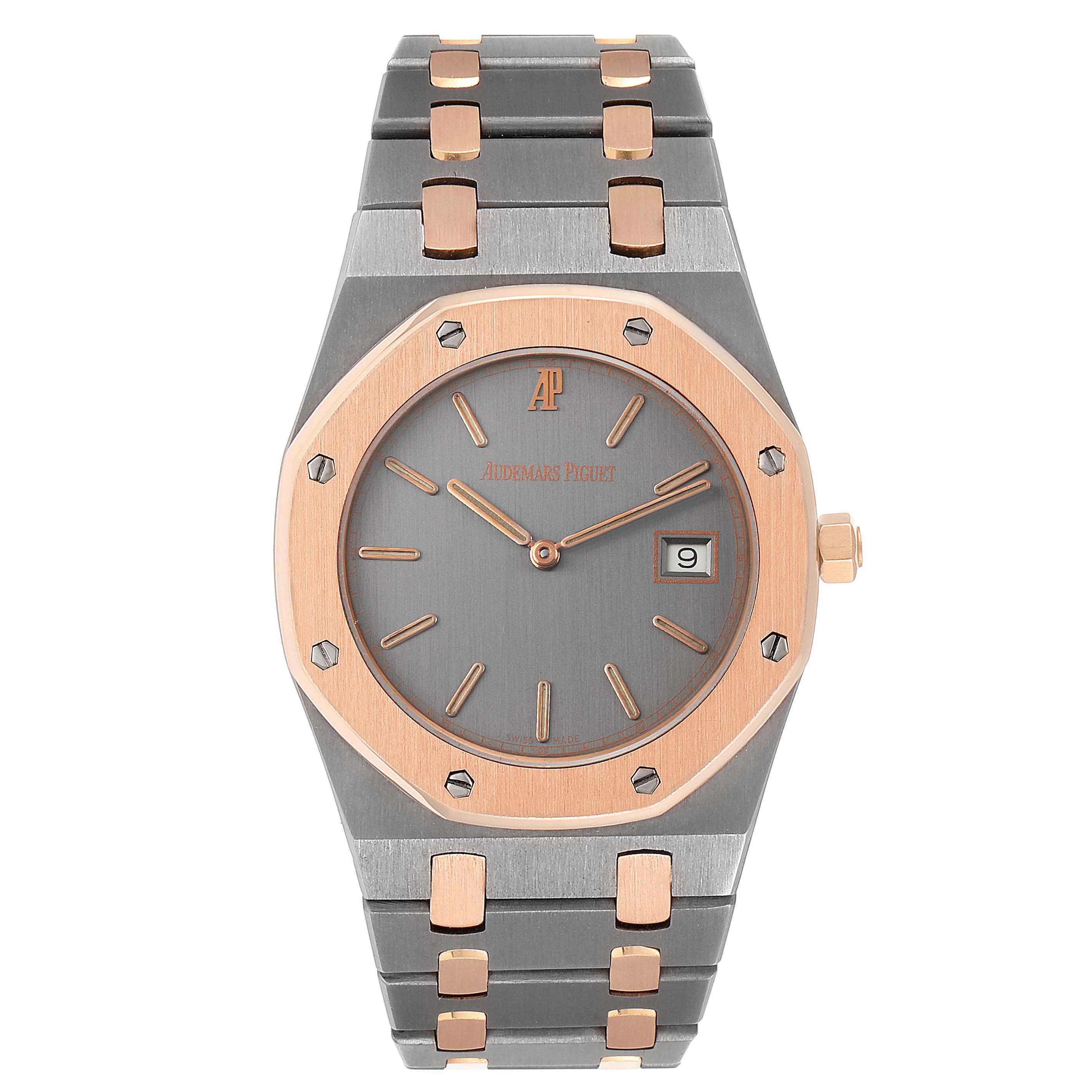 This image shows a frontal view of the Audemars Piguet Royal Oak 56175TR-OO-0789TR-01 Men's Steel and Gold (two tone) Black Dial 56175TR-OO-0789TR-01 Men's Steel and Gold (two tone) Black Dial watch, highlighting its face, bezel, and band.